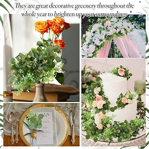 Miniatura 7 de Yunsailing 100 Pcs Faux Eucalyptus Stems with White Seeds Artificial Eucalyptus Leaves Greenery Decor Fake Leaf Branches for Wedding Bouquets