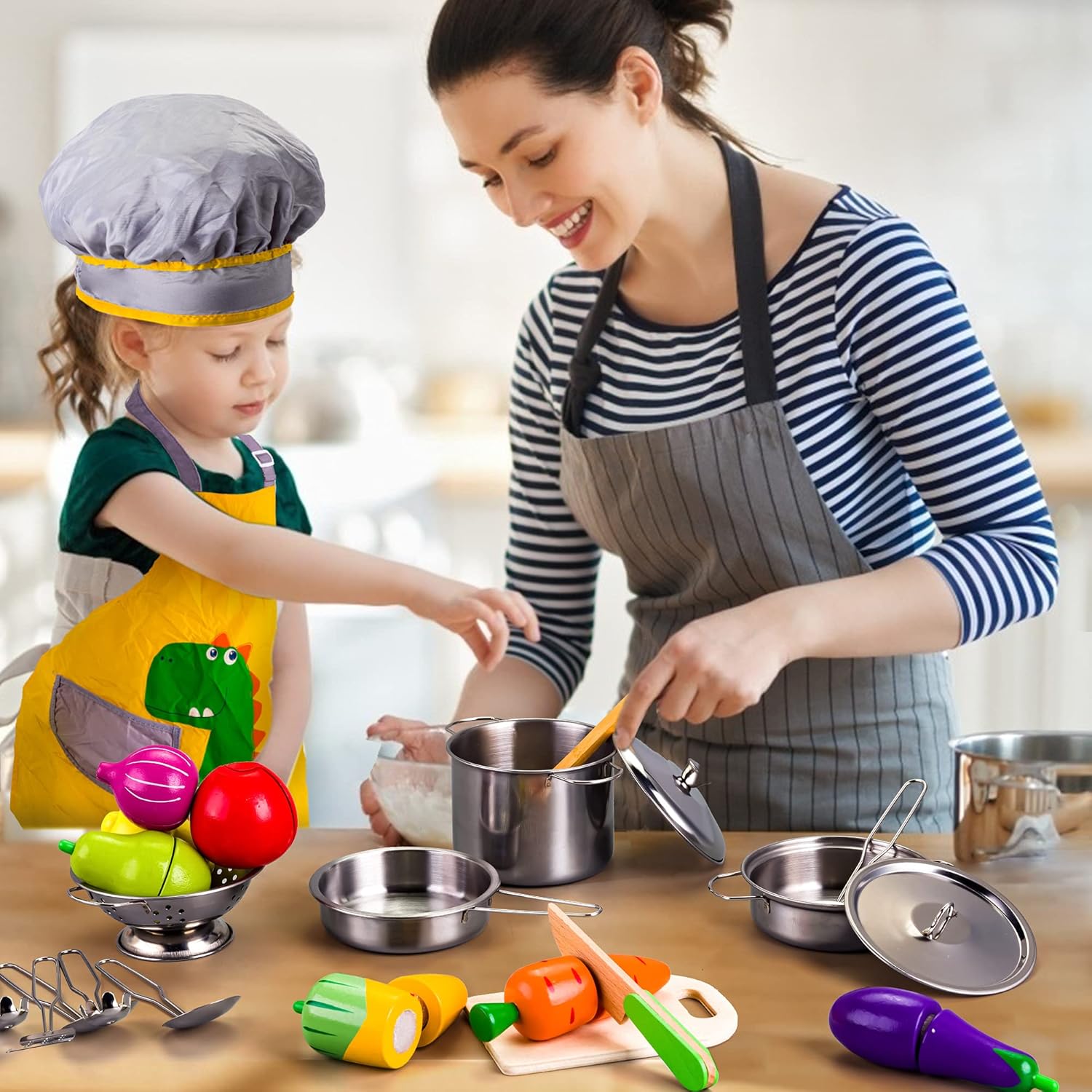 Sundaymot Play Kitchen Accessories, Wooden Play Food, Cooking Set with Stainless Steel Cookware Pots and Pans Utensils, Apron, Chef Hat, ​Cutting Food Kitchen Playset for Girls and Boys : Toys & Games