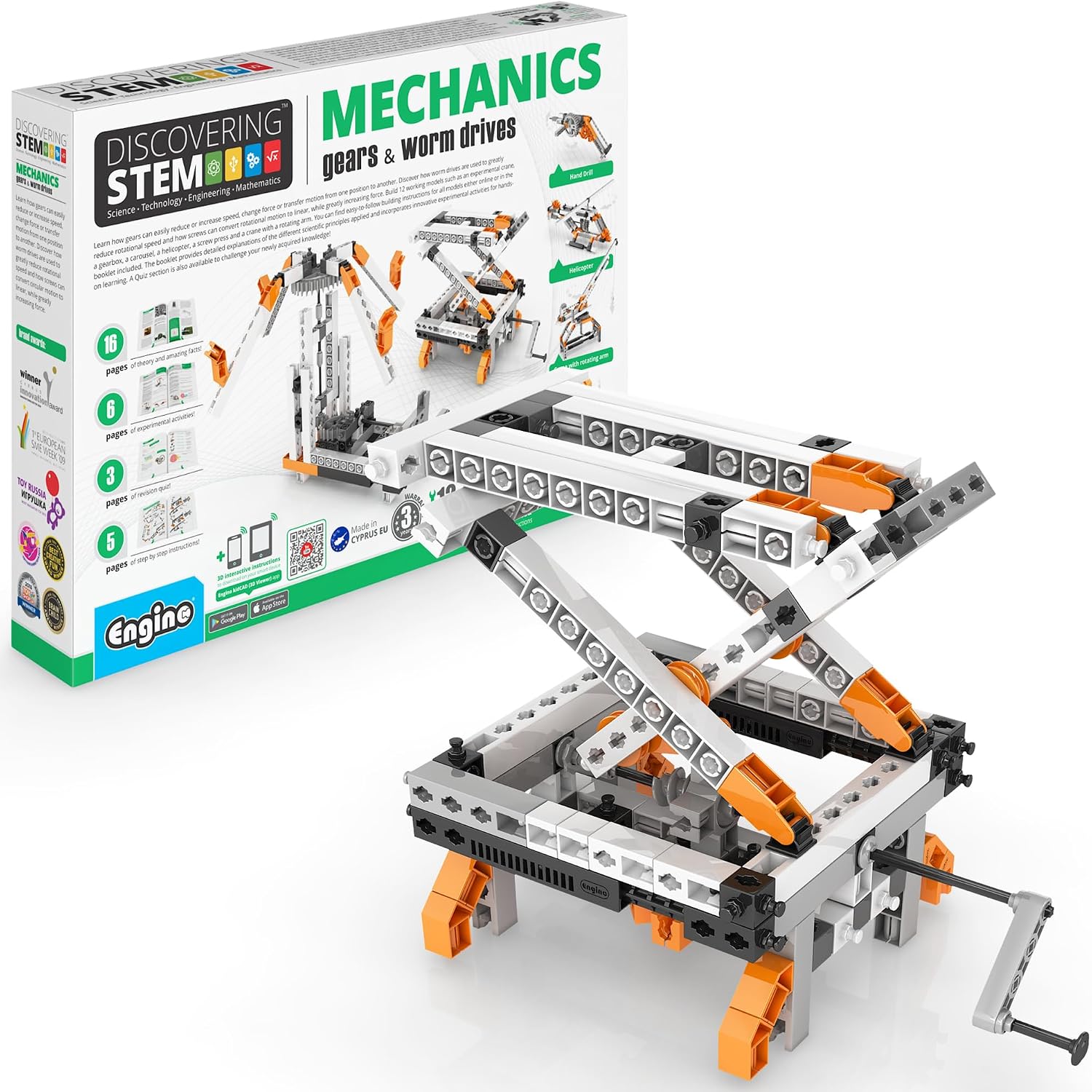 Engino: Discovering STEM - Mechanics: Gears & Worm Drives - 12 Model Toy Machine Brick Building Set, Snap-Fit Construction, Experiment-Theory, Kids 9+
