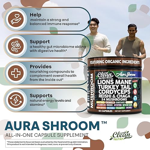 Miniatura 5 de Clean Nutra AuraShroom Complejo de hongos orgánicos, mezcla de 25 hongos con melena de león, cola de pavo, Cordyceps, 60 cápsulas