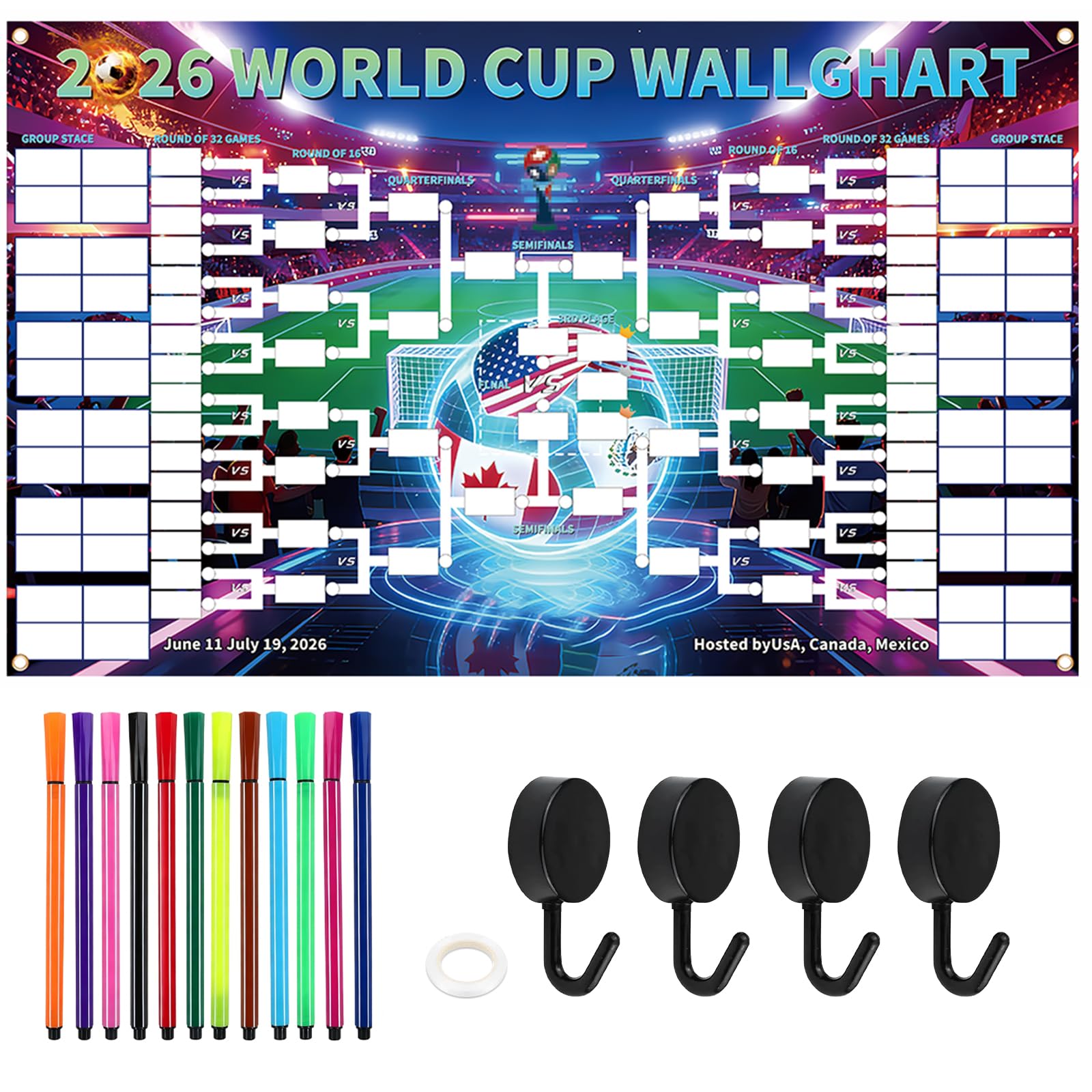 180 * 110cm Poster con il calendario dei Mondiali Calendario 2026 Poster Della Coppa Del Mondo Per Gli Appassionati Di Calcio E Feste Ganci inclusi