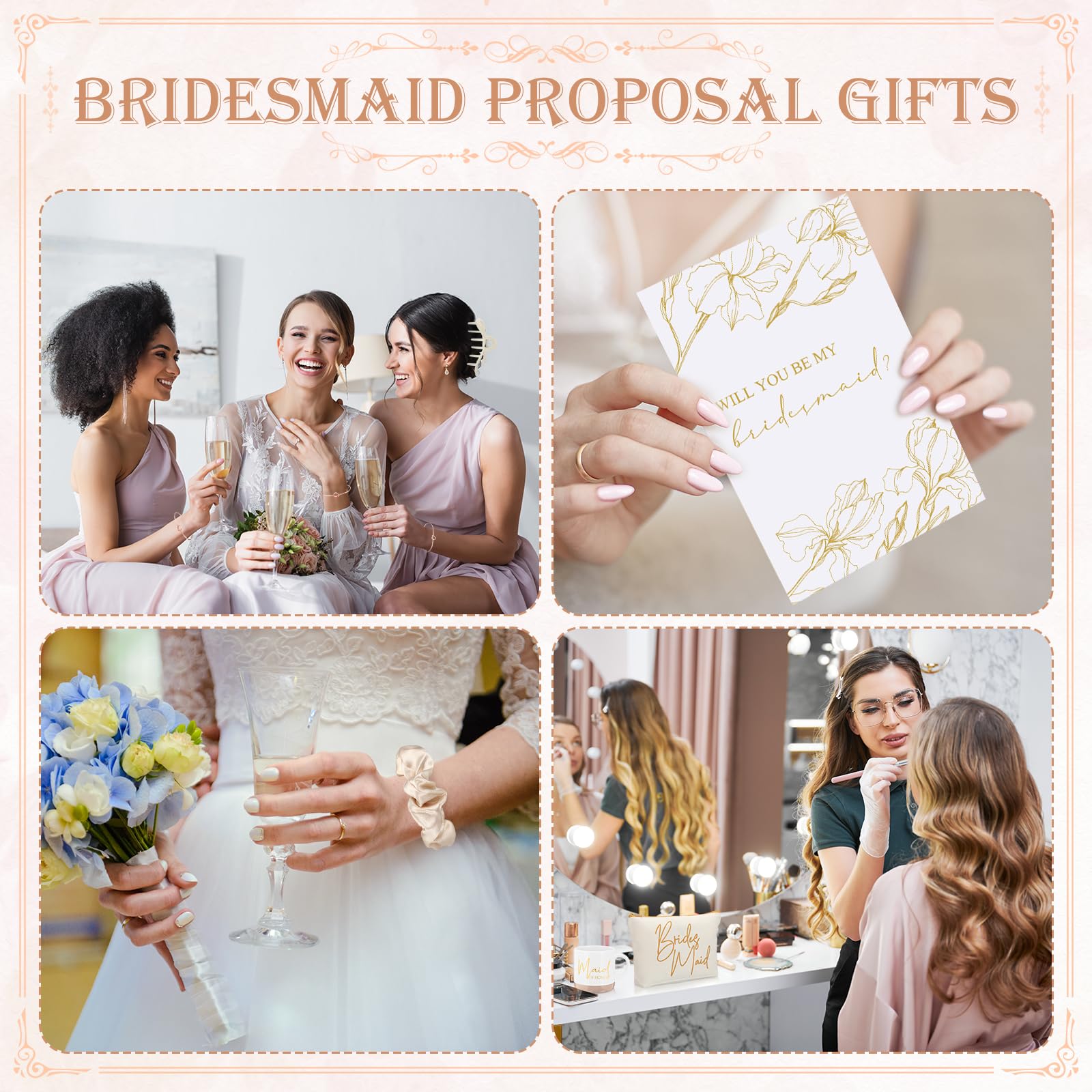 Didaey 42 Pcs 6 Sets Wedding Favors Bridesmaid Proposal Gifts Maid of Honor Ceramic Coffee Cups Cosmetic Makeup Bags Invited Cards Scrunchies Knotted Bracelets Jewelry Bags Hair Claw Clips(Champagne)