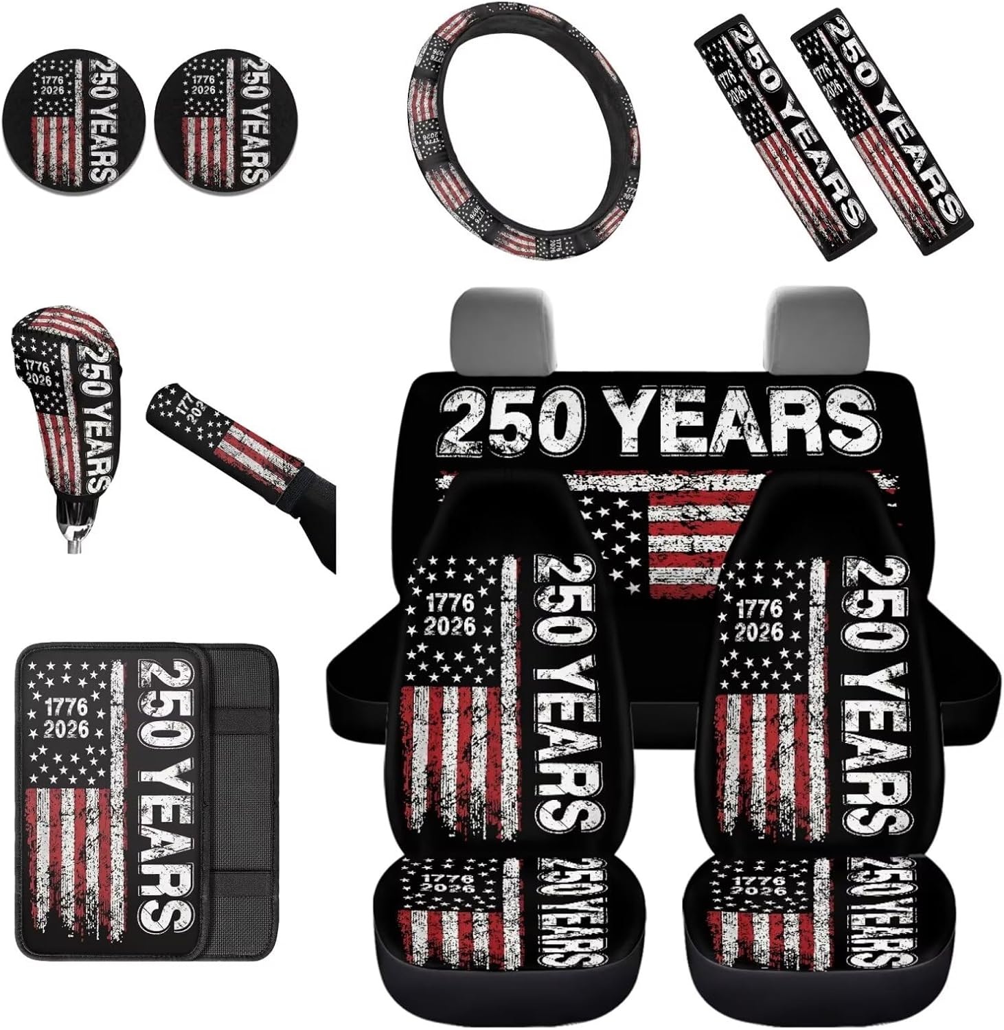 250 Years US Flag 12 Pcs Auto Seat Covers Full Set Car Steering Wheel Cover Auto Center Console Pad Hand Brake Cover Shift Knob Cover Suitable for Most Cars,SUV,Sedan