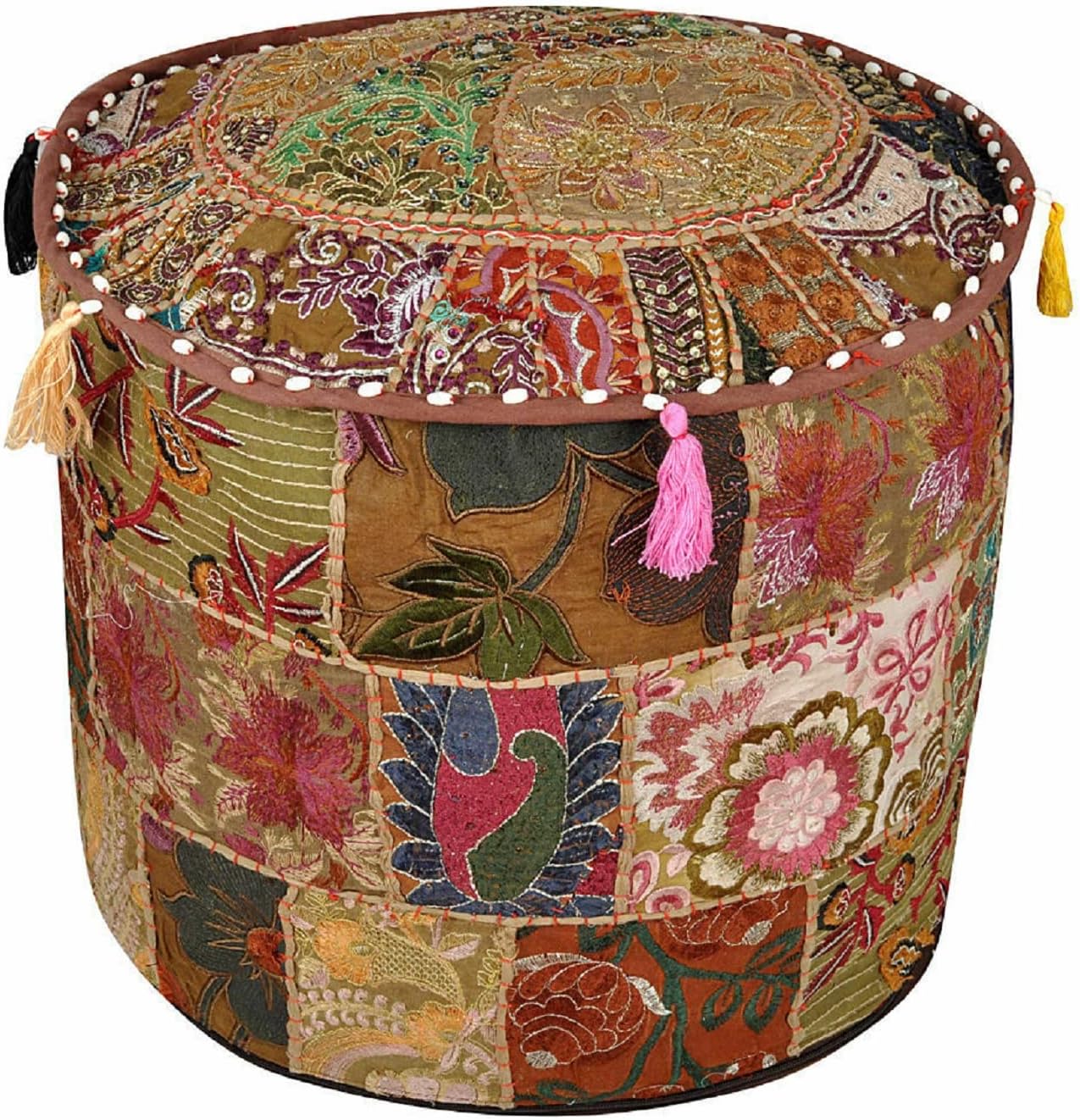Indian Patchwork Handmade Footstool Vintage Traditional Round Pouffe Cover Decor (18" x 18" x 14" Inch)