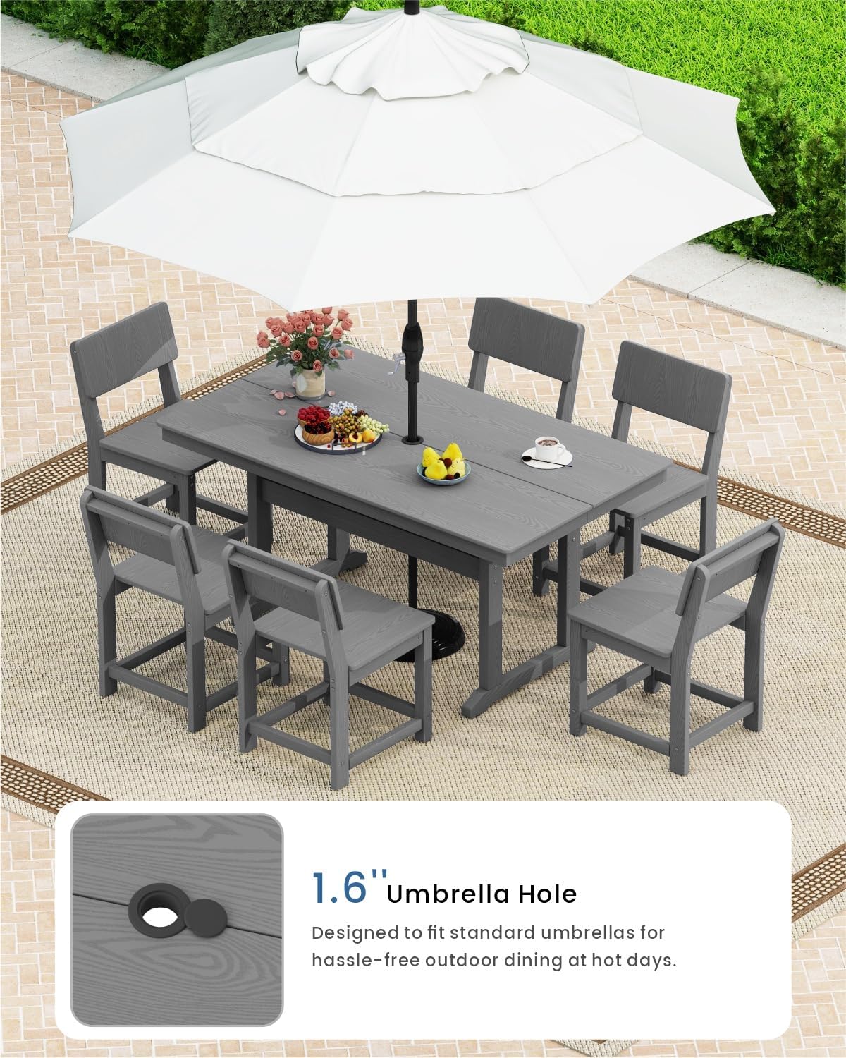 7-Piece HDPE Outdoor Dining Set, Weatherproof Patio Table and Chairs for 6, Outdoor Dining Table Set for Outside Deck Backyard Garden, Grey