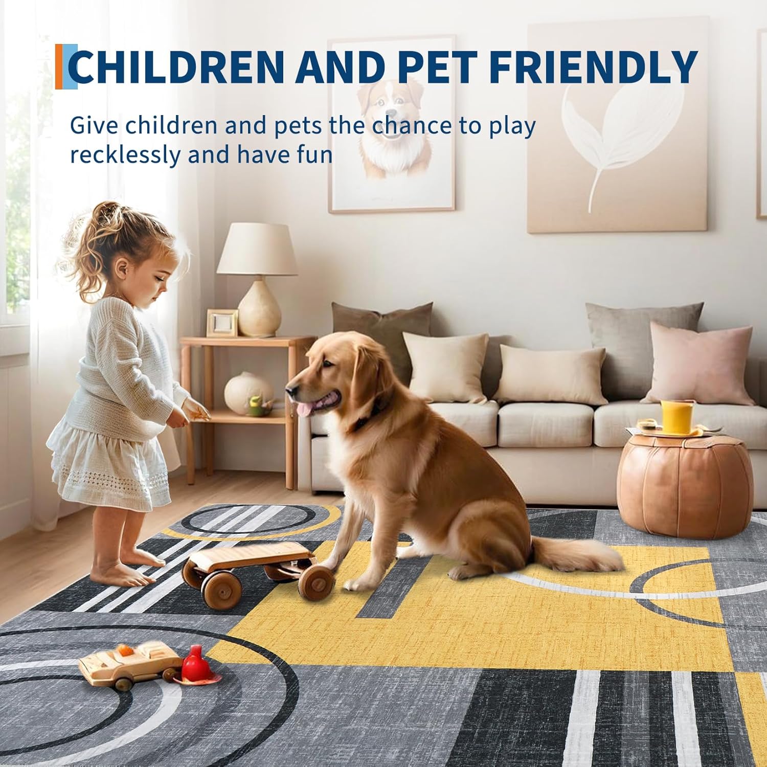 GarveeHome Washable Runner Rug 2x6 Modern Circle Rugs Runner Non Slip Low Pile Rug for Hallway Soft Long Rugs Indoor Floor Carpet for Kitchen Bedroom Entryway, Yellow