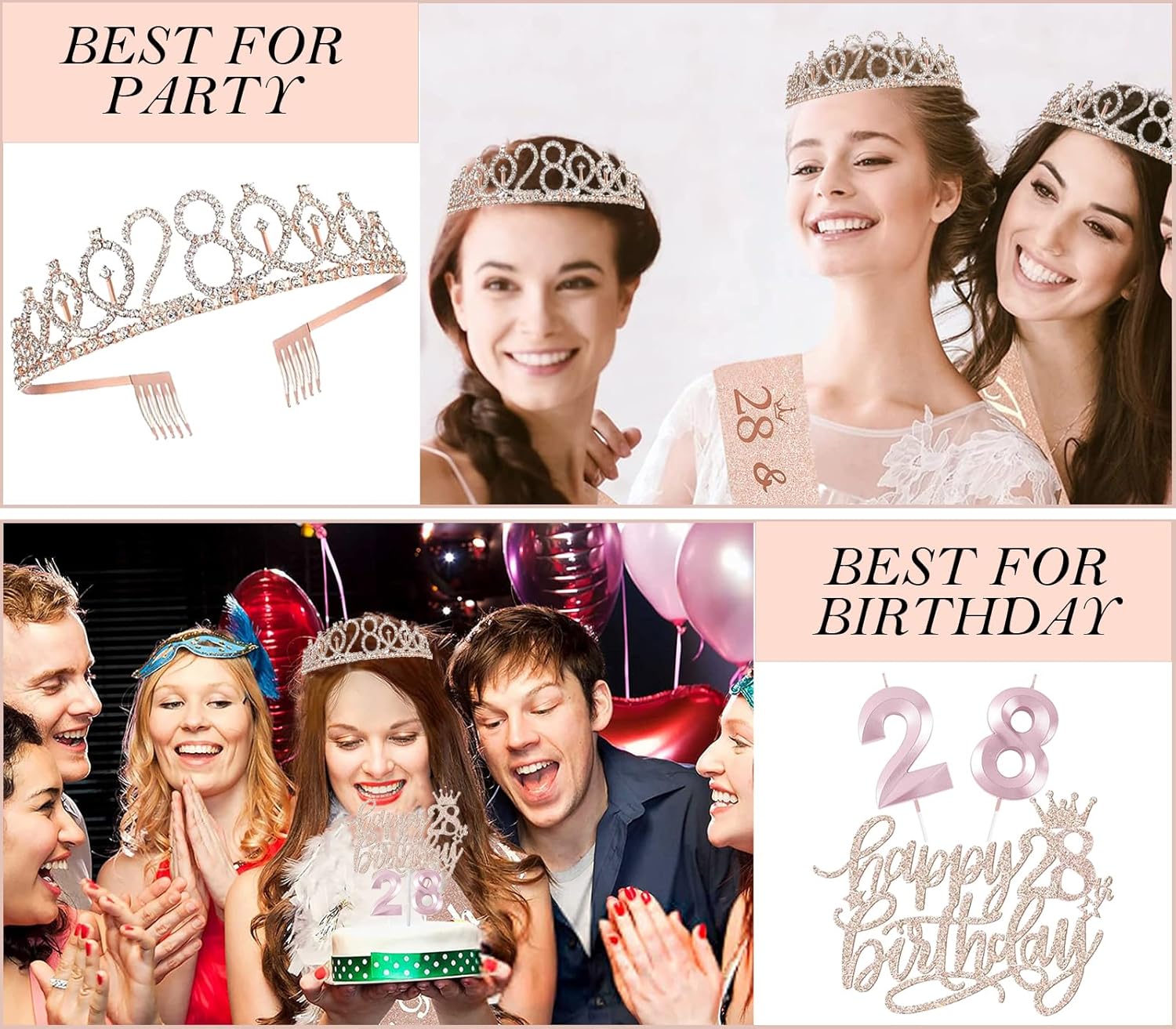 28th Birthday Decorations for Her Women, Including 28 year old Birthday Cake Topper, Queen Sash with Pearl Pin, Sweet Rhinestone Tiara Crown, Number Candles and Balloons Set, Rose Gold - Image 6