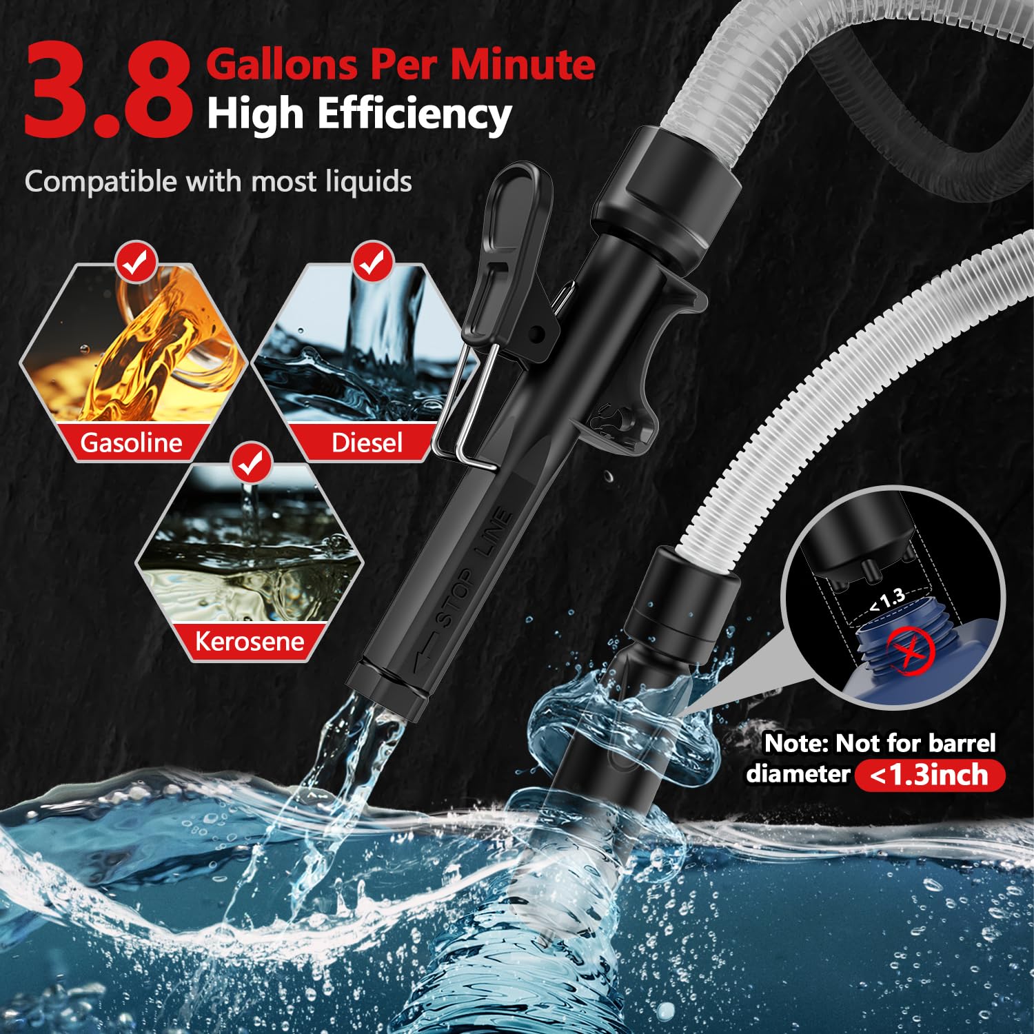 VEECAP Automatic Electric Fuel Transfer Pump with Auto-Stop, 3.8GPM & 51" Hose & 4 Size Adapters Gas Can Pump with Leak Protection for Gasoline, Diesel, Kerosene, Gifts for Men Dad Him - 2nd Gen Black