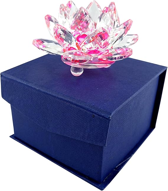 Sapphire Sparkle Crystal 3 inch Decorative Clear Reflection Lotus Flower for Feng Shui Home Decor with Gift Box (Ruby Pink)