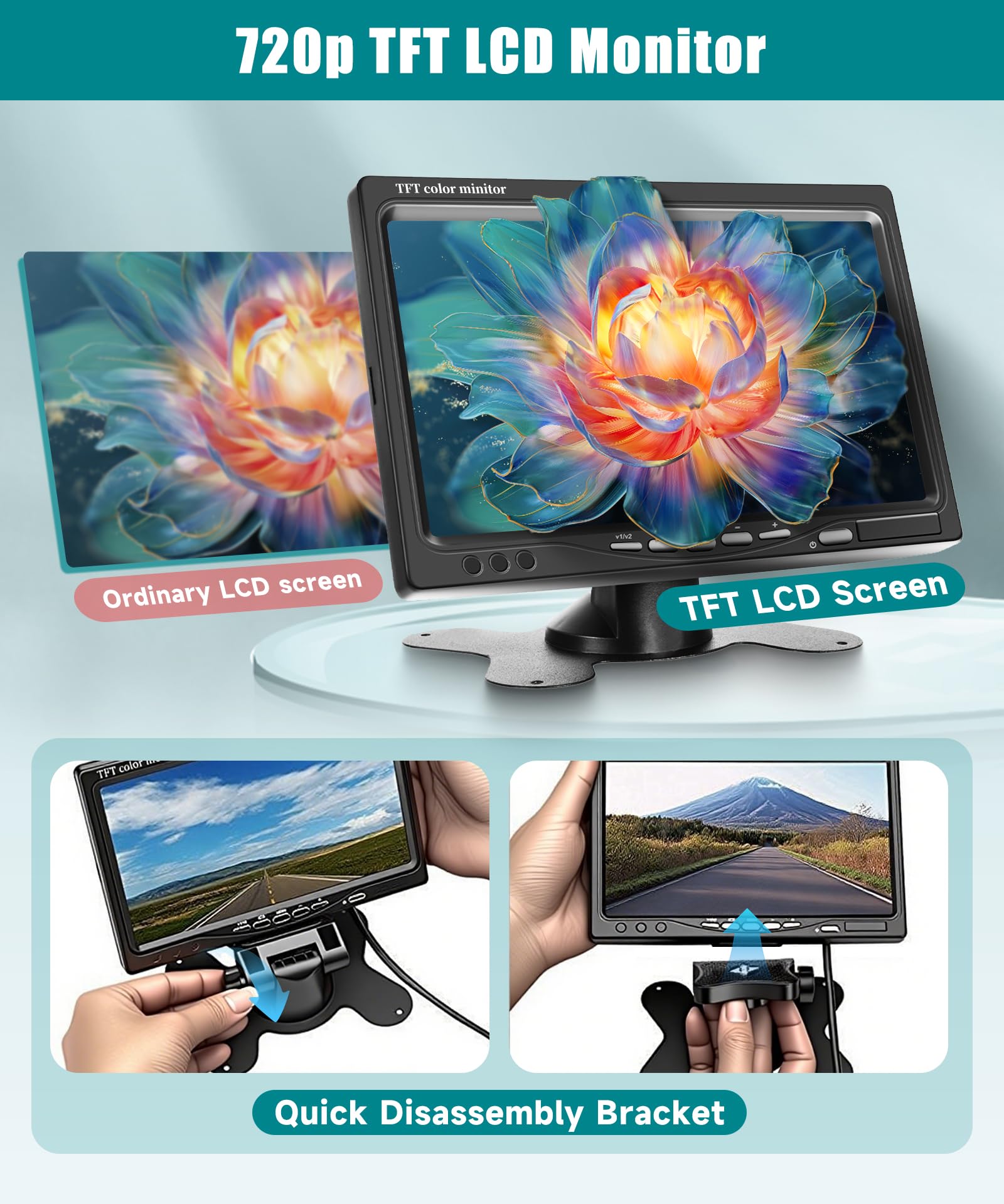 VECHTEL Caméra de recul avec de HD Moniteur 7'',Kit de caméra de recul Filaire Con IP69 Electronique Vision Nocturne de Voiture pour SUV Van RV Car Installa