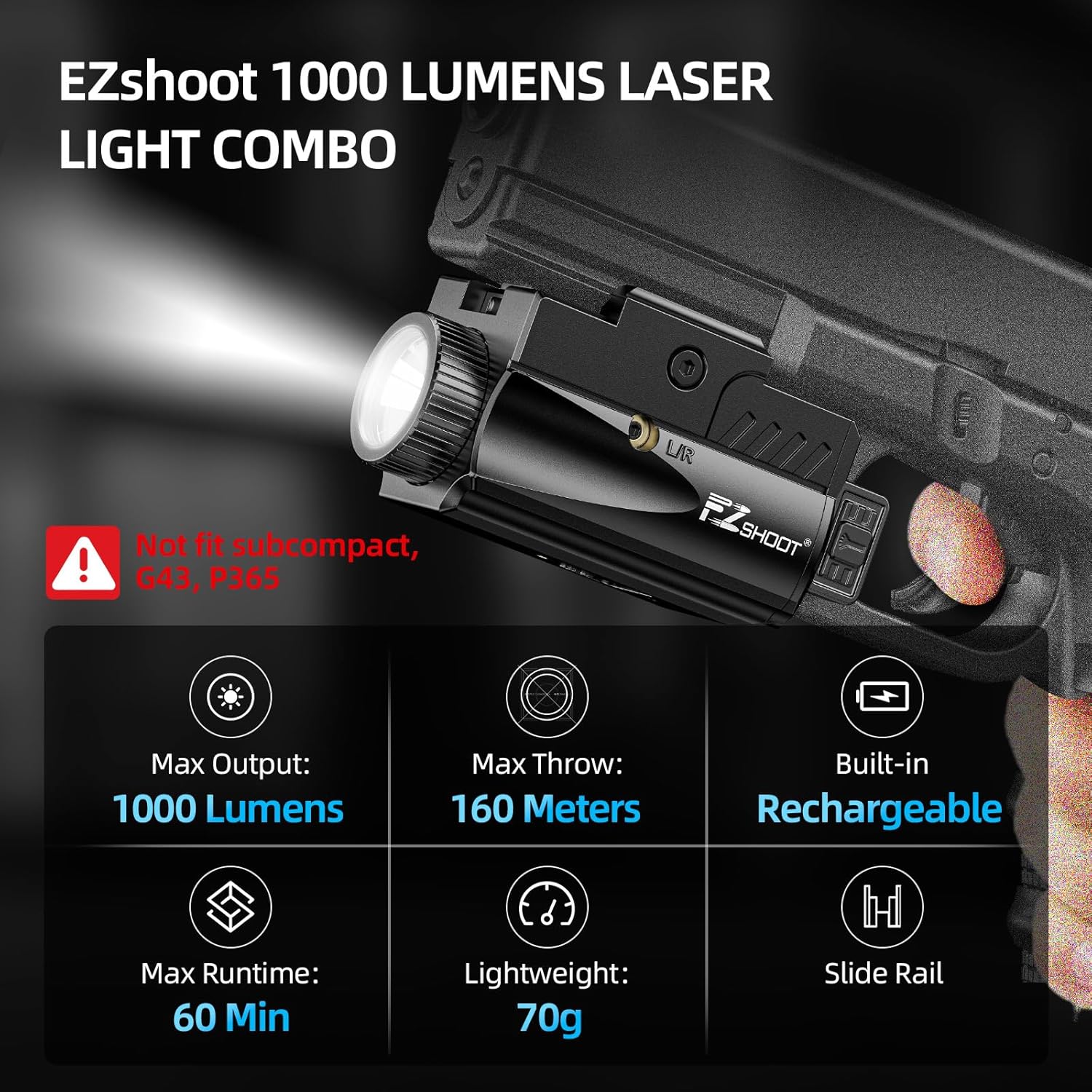ezshoot 1000 lumens pistol light laser combo, rechargeable gun light with green laser beam, pistol flashlight with slid rail compatible with glock and picatinny rail, handgun lights for home defense