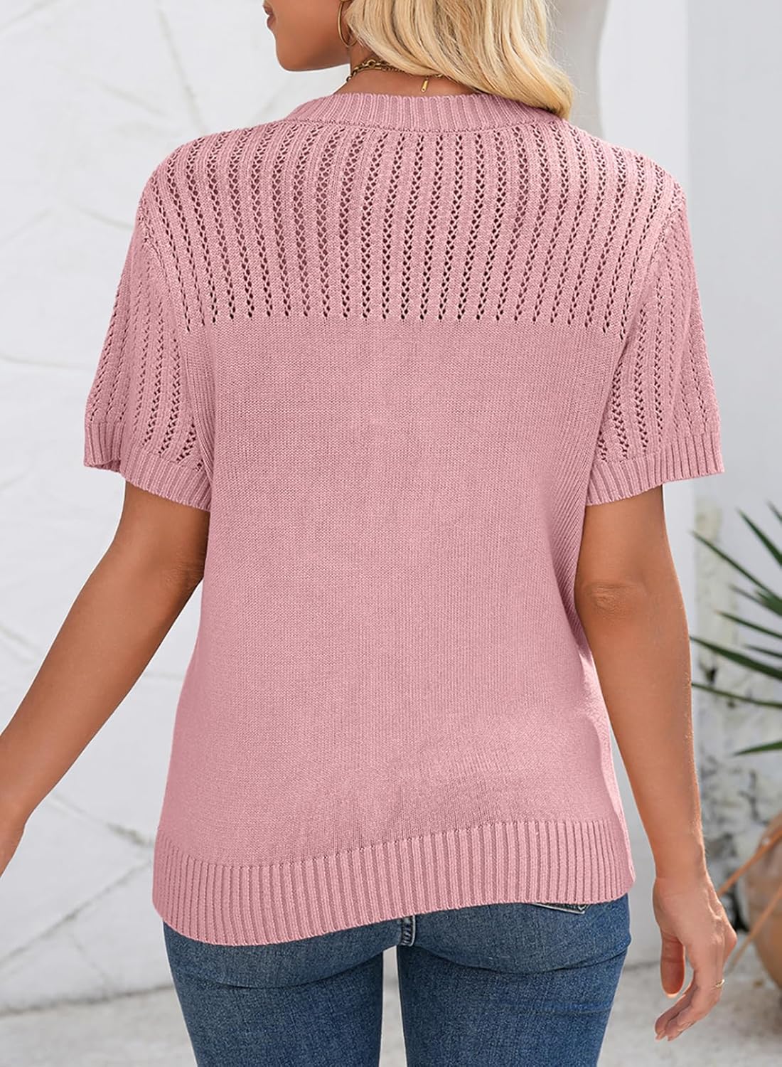 Dokotoo Womens Summer Tops Dressy Casual Crewneck Short Sleeve Shirts Solid Hollow Out Knit Loose Sweater Blouses - Image 5