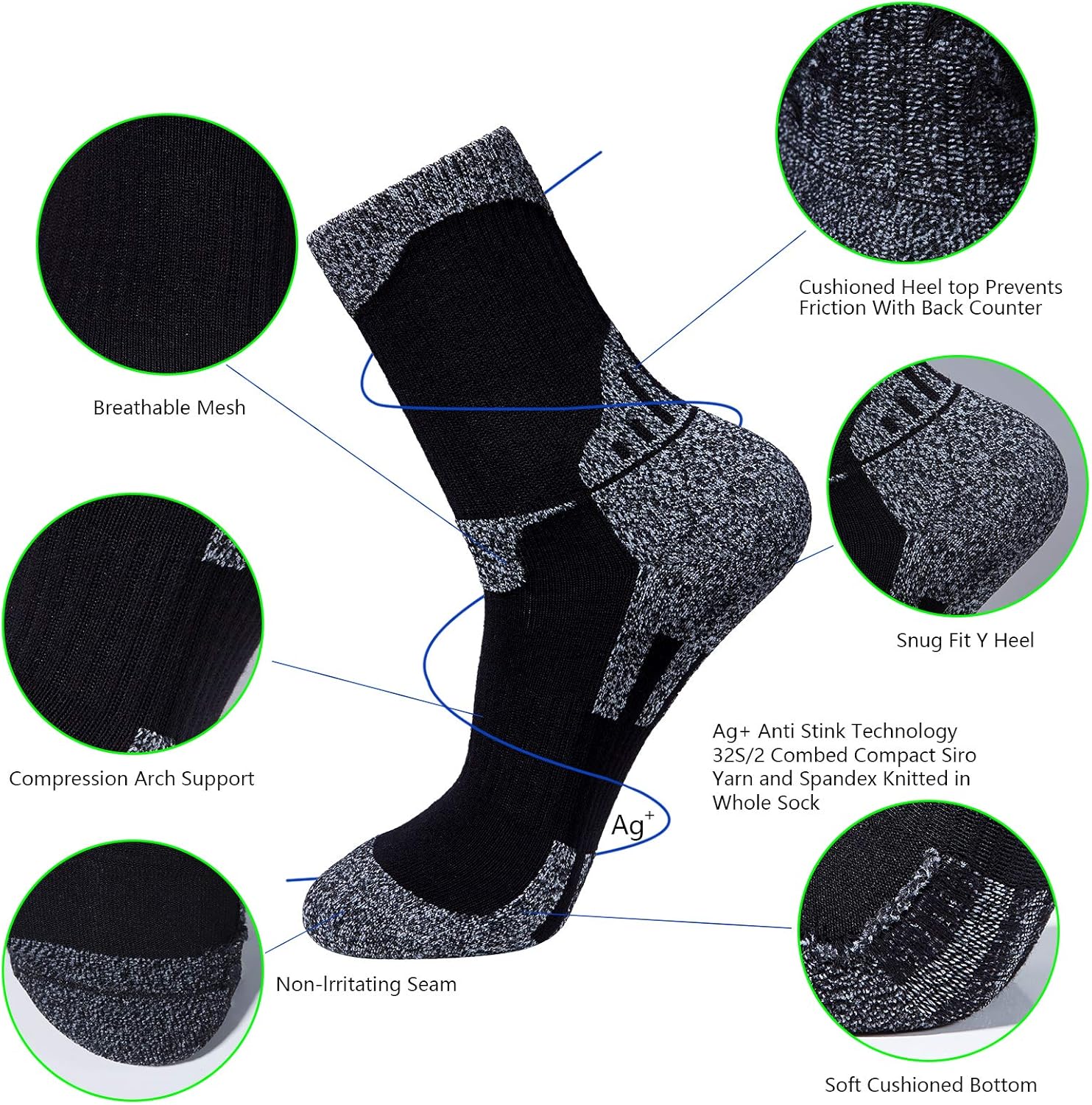 Men's Padded Anti Odor Blister Resistant Ankle Quarter Crew Hiking Socks, Size 7-12