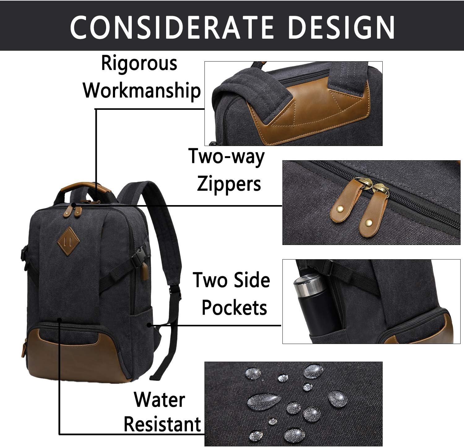 Crazy Clearance Kasqo Laptop Backpack 15.6 Inch Canvas Waterproof Anti Theft Business Travel College School Computer Bookbag Carry on Bag with USB Charging Port for Women Men, Black