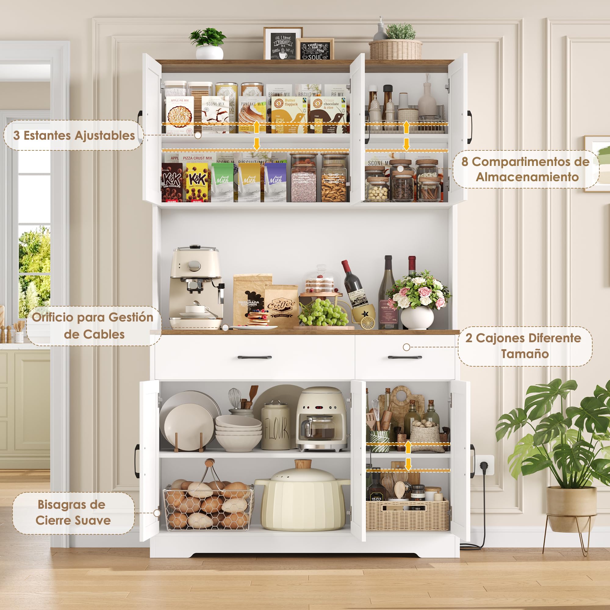 HOCSOK Alacena de Cocina 105x180 cm (BxH)，Armario Blanco con Enchufes, Estantes Ajustables, Mueble de Cocina con Soporte para Microondas, para Comedor Y Sala de Estar