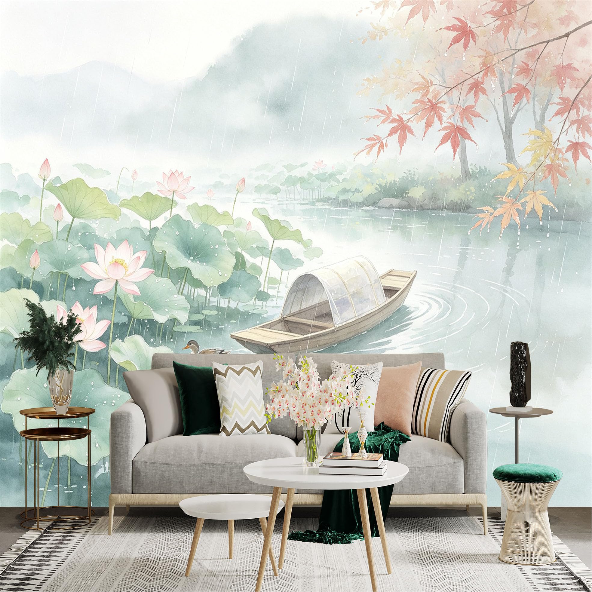 Custom Size Wall Sticker Mural， Watercolor Lotus Pond with Rain， Traditional Boat and Duck， Zen Asian Landscape， for wall Decoration， peelandstick wall Decals.