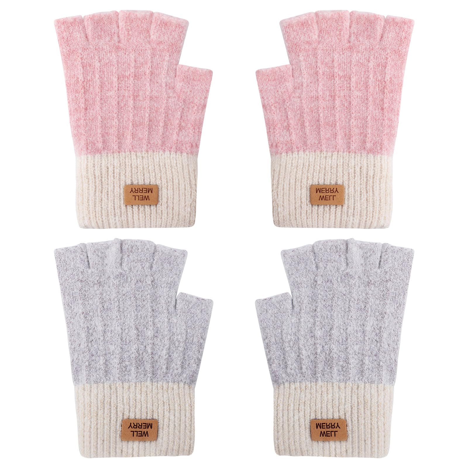 InfiniZer 2 Pairs Fingerless Gloves For Women Winter Warm Knitted Half Fingers Mittens Touchscreen Stretchy Thermal Fingerless Gloves For Driving Gaming Office (Pink + Purple Grey, One Size)