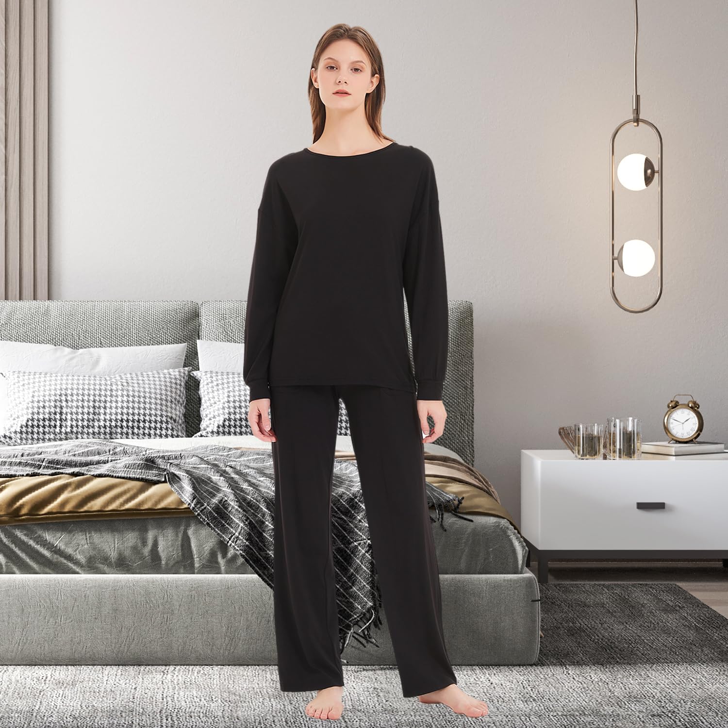 Conjunto de pijama de punto suave para mujer, ropa de dormir acogedora de algodón y modal Tejido transpirable