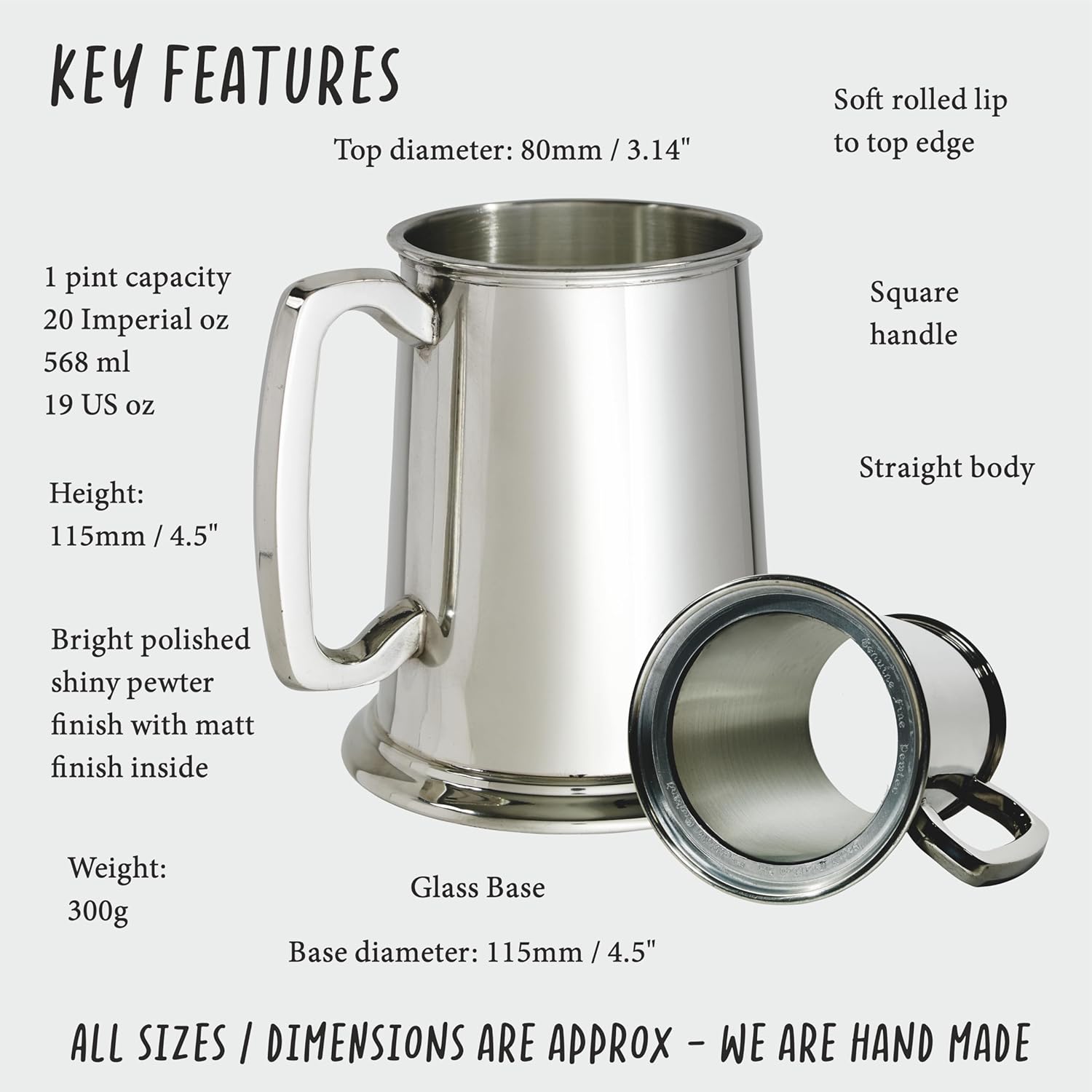 Wentworth Pewter - Standard Plain Glass Base 1 Pint Pewter Tankard (Customized)