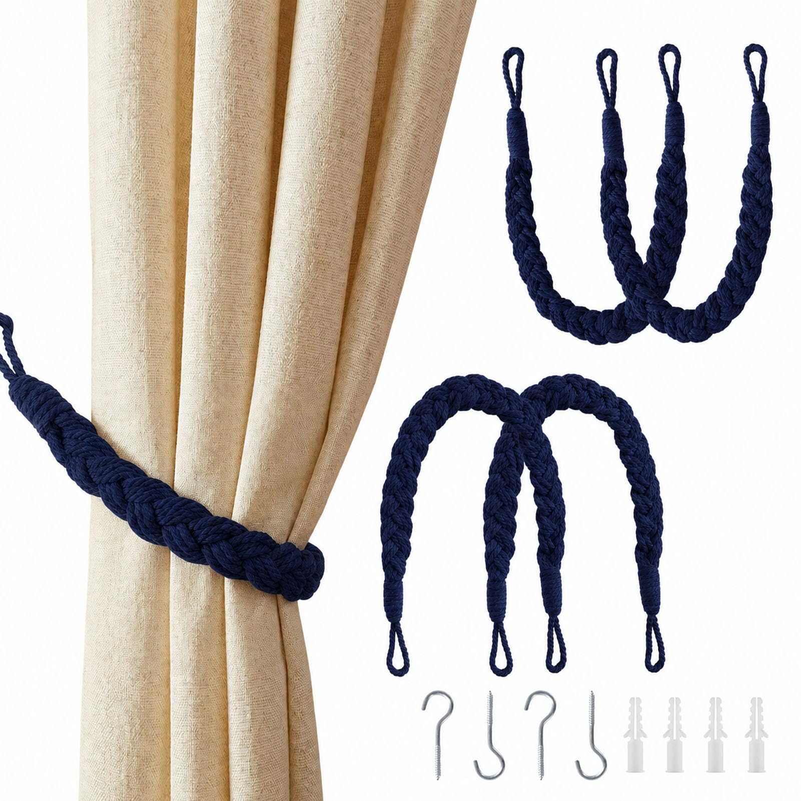 4PCS Natural Cotton Rope Curtain Tiebacks, Hand Knitted Tie Back with Hooks