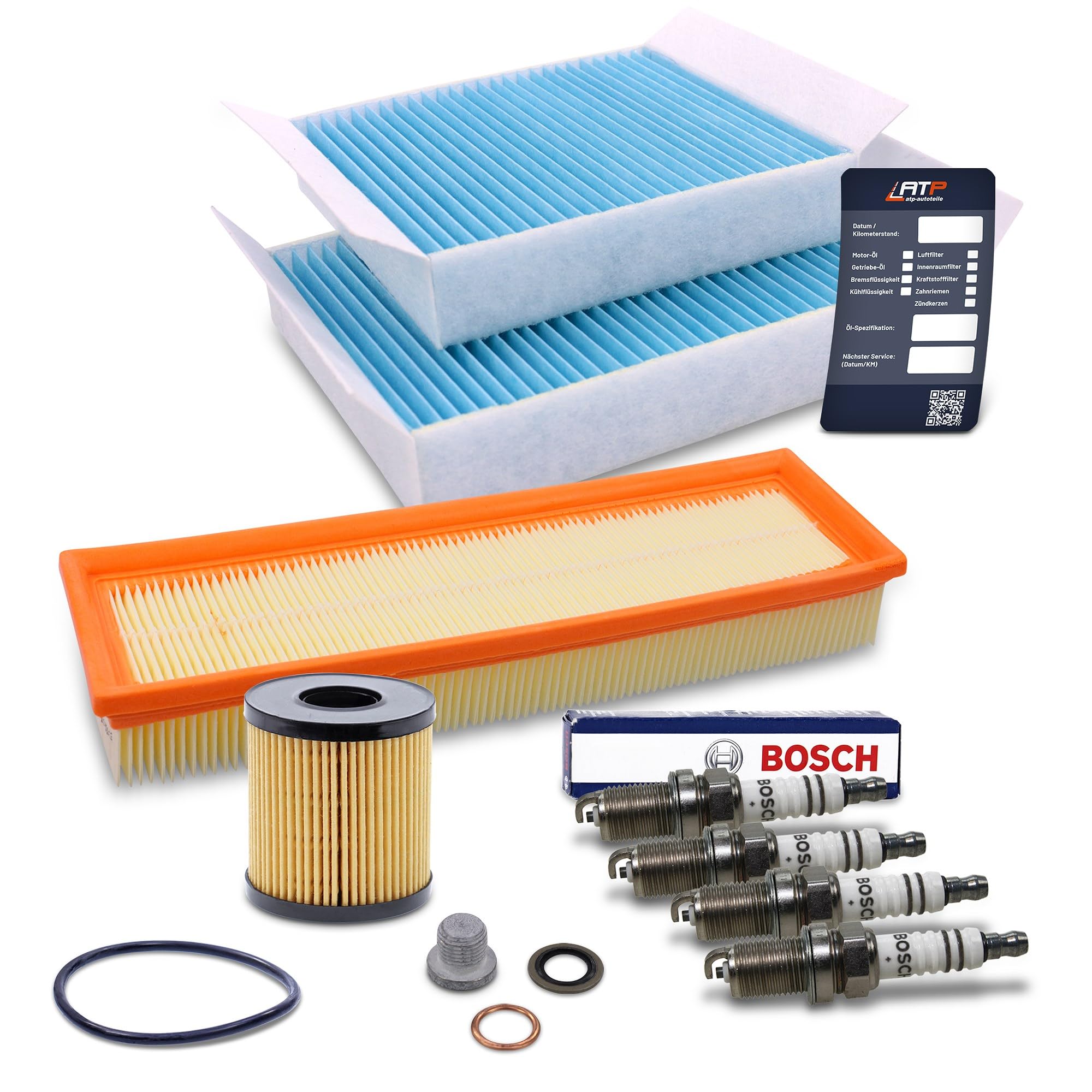 BESTPRICE Set di filtri di ispezione con 1x filtro aria, 2x filtro abitacolo, 4x candela FR7DC+, Compatibile con CITROËN C3 II (SC_), PEUGEOT 207 (WA_, WC_)(WK_)