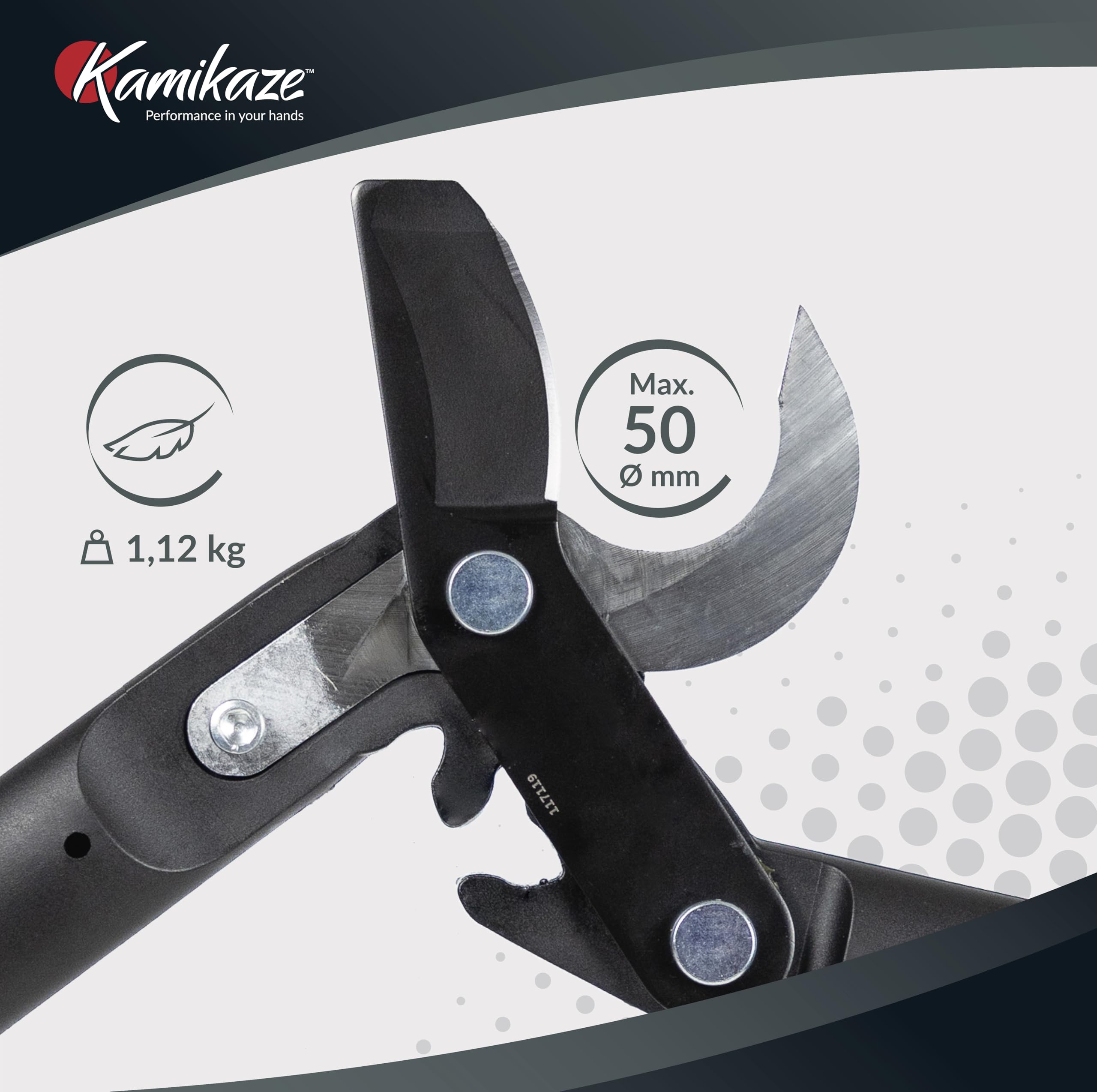 KAMIKAZE KM770 Tijera de Dos manos para Poda de Arboles. Corta ramas con Sistema Multiplicador de Fuerza. Tijera de Poda para Madera con Mangos Ergonómicos Ideal para Ramas de 50mm. Longuitud 72cm