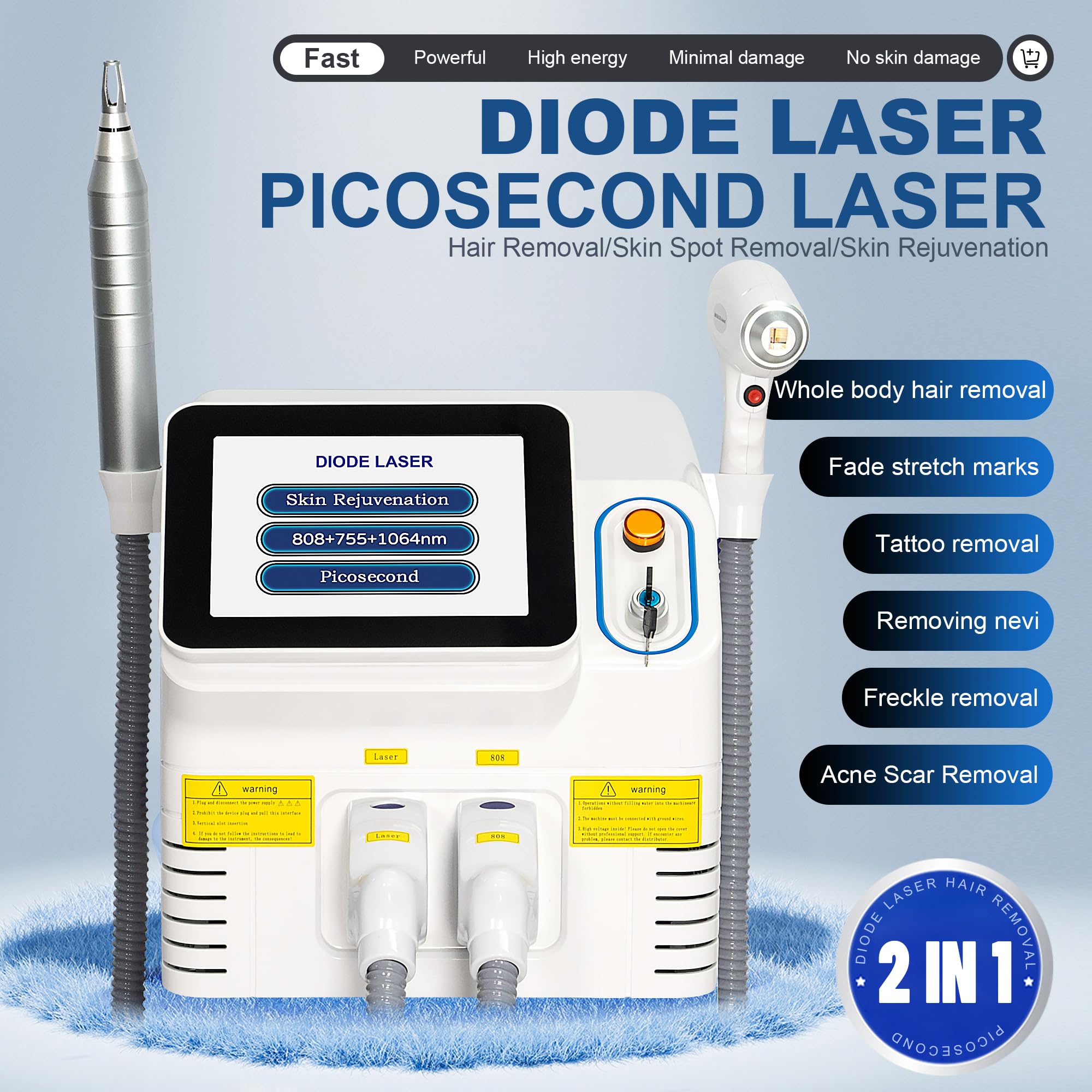 Macchina Laser a Diodi e Picosecondo 2 in 1, 808+755+1064nm, Rimozione Peli, Macchie, Tatuaggi e Ringiovanimento della Pelle