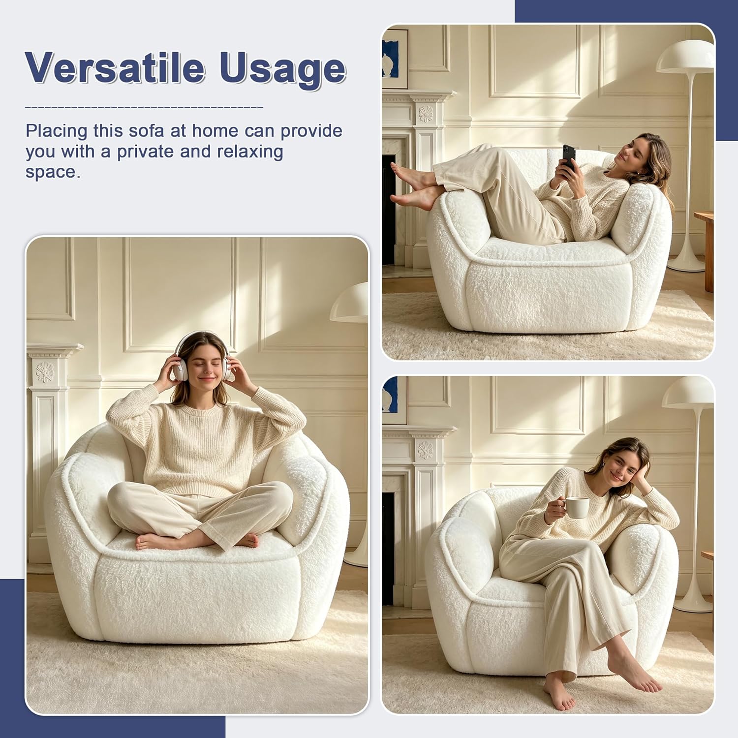 44.29" Single Bean Bag Couch, Oversized Beanbag Chairs for Adults, Comfy Plush Boneless Sofa, Floor Cloud Couches for Living Room, Bedroom, Lounge, Small Spaces, Beige Faux Fur