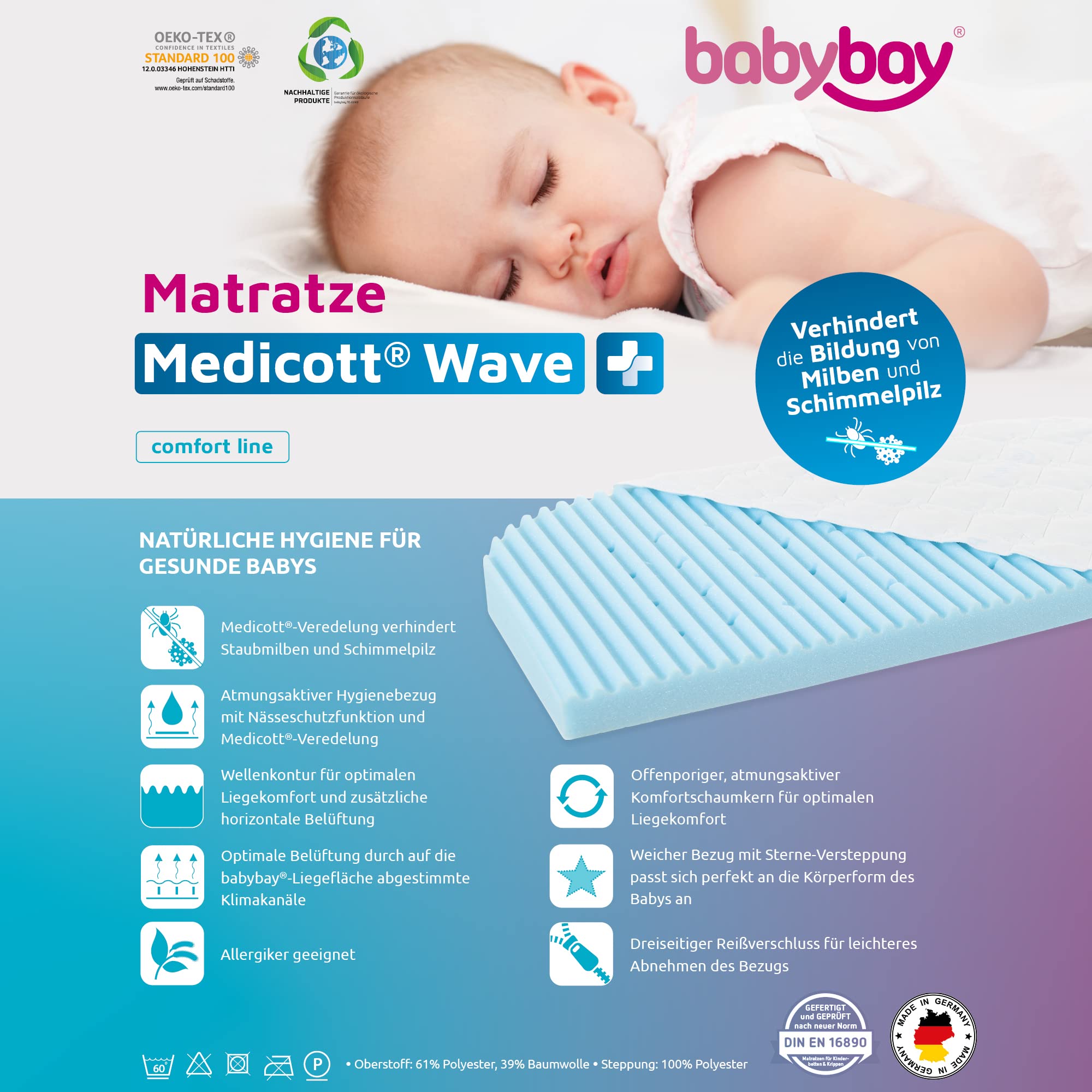 materasso letto aggiuntivo babybay Medicott® Wave adatto per il modello Original