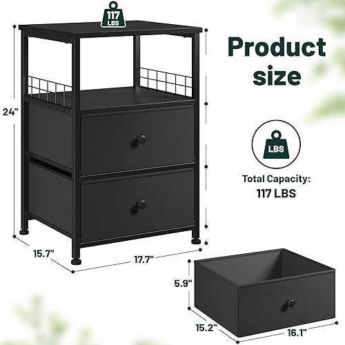 Miniatura 2 de EnHomee Mesita de noche de 17.8 pulgadas de ancho, mesa auxiliar con cajones de tela y estante de madera abierto, red de seguridad en 2 lados de la