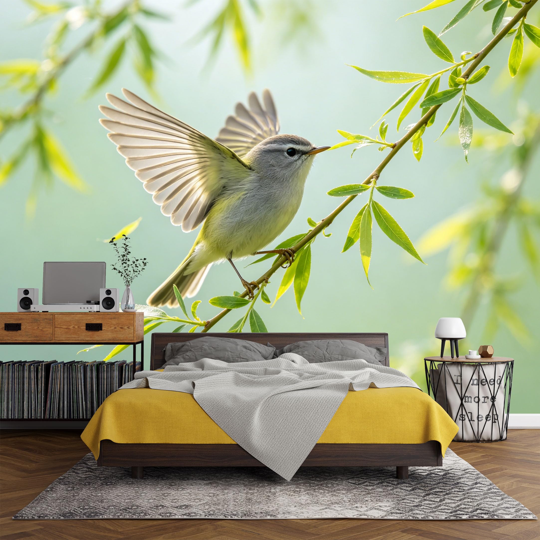 Custom Size Wall Mural Botanical Nature Songbird Spring Willow Branch Watercolor，SelfAdhesive Art Prints wall Fabric（No PVC） Removable Wallpaper Living Room Decor