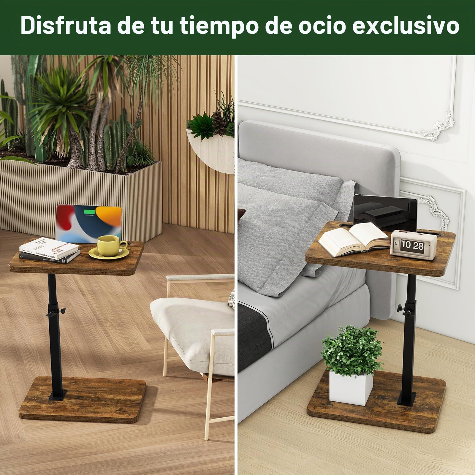 IBUYKE Mesa Auxiliar en Forma de C, Mesa Auxiliar giratoria de 360° en Altura Ajustable para Espacios pequeños, con Ranura para teléfono y Tableta, Mesa de café para sofá/Cama, Marrón TVT003H