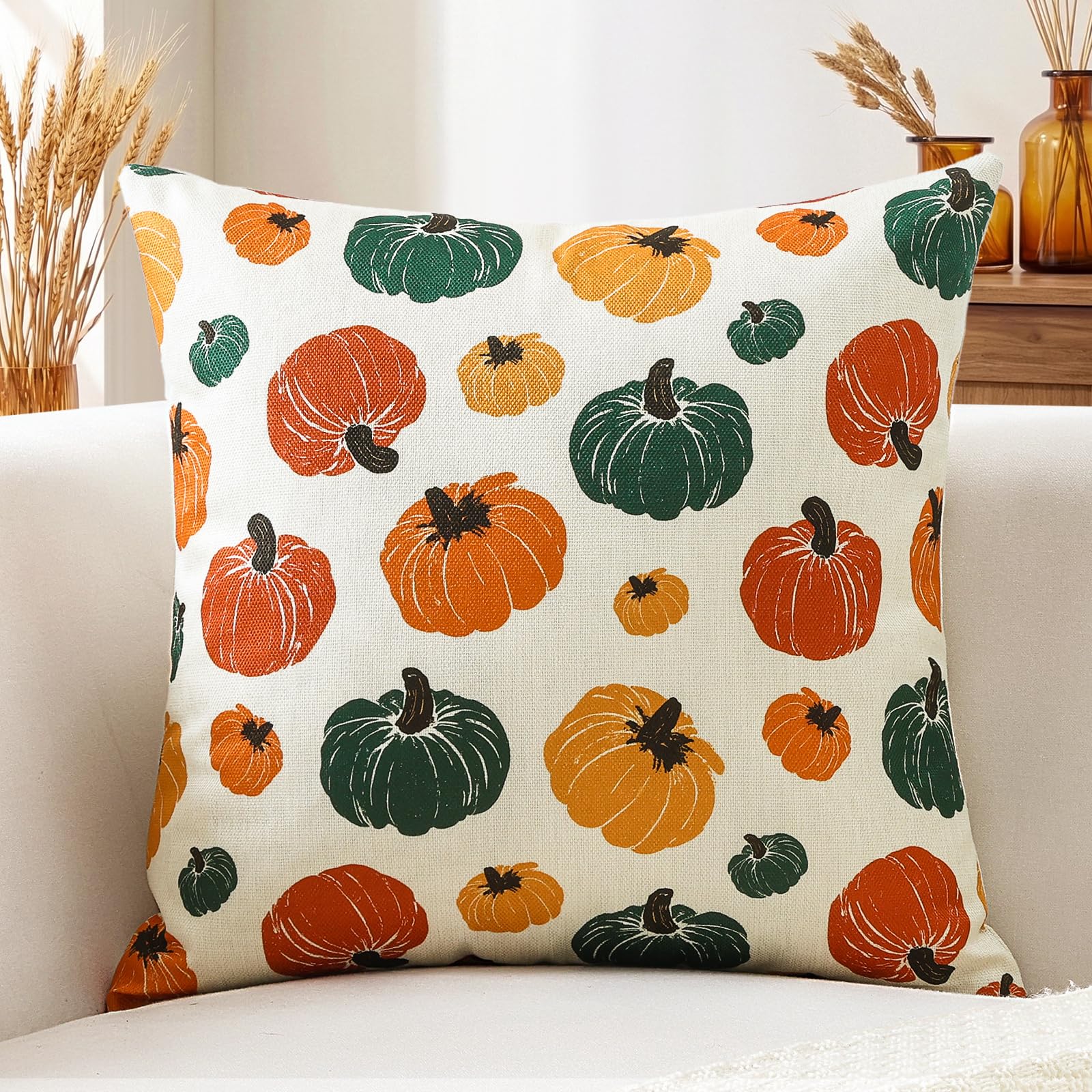 Artscope Fall Cushion Cover 50x50cm, Set of 1 Colorful Pumpkins Pillowcase Autumn Thanksgiving Pillow Cover for Sofa Living Room Holiday Party Fall Decor