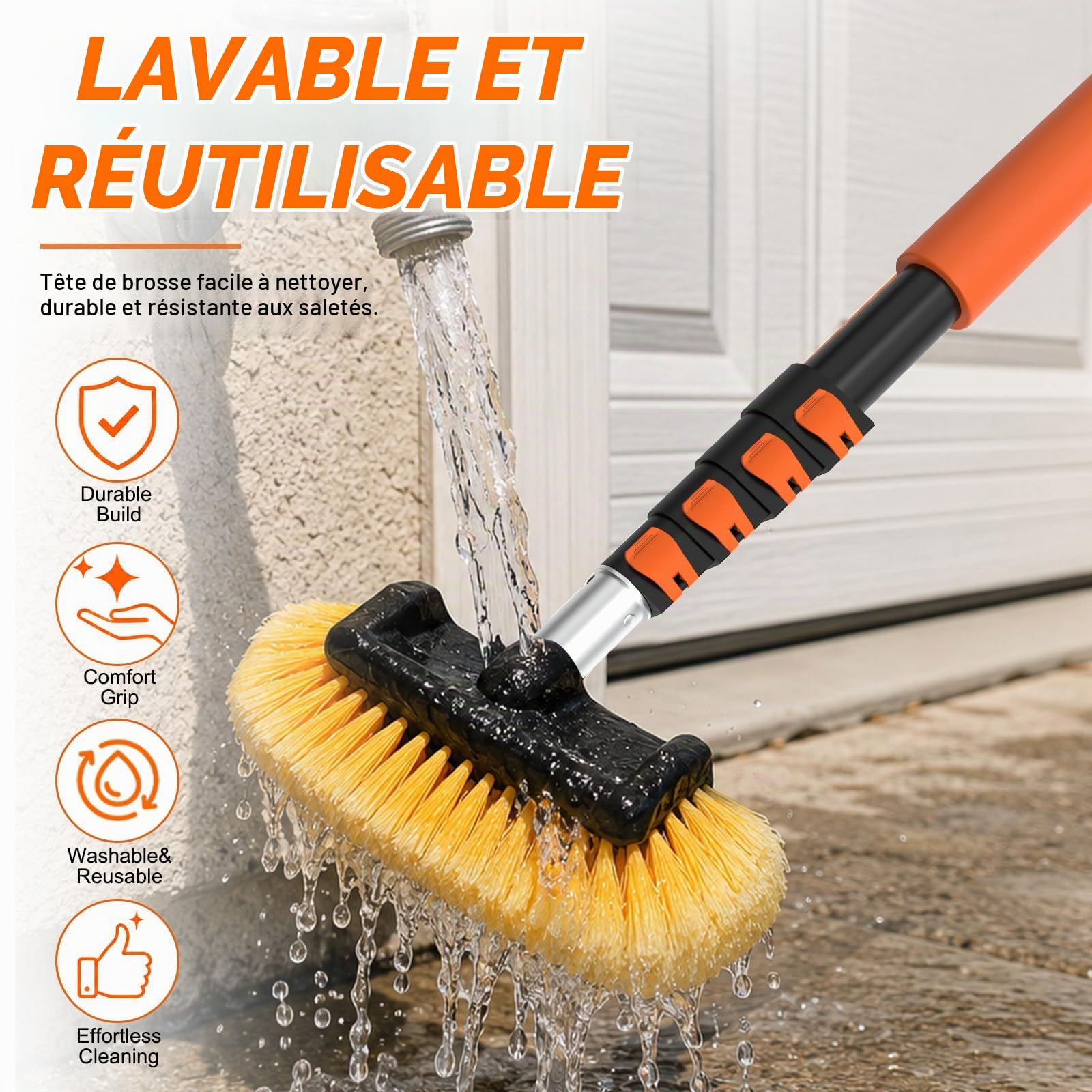 SISUPASSIE Brosse Lavage Voiture Télescopique 4,8m - Brosse Nettoyage Voiture avec Perche Télescopique Et Tête De Brosse Souple 30cm, Brosse Télescopique pour Voiture, Caravane Et Panneau Solaire
