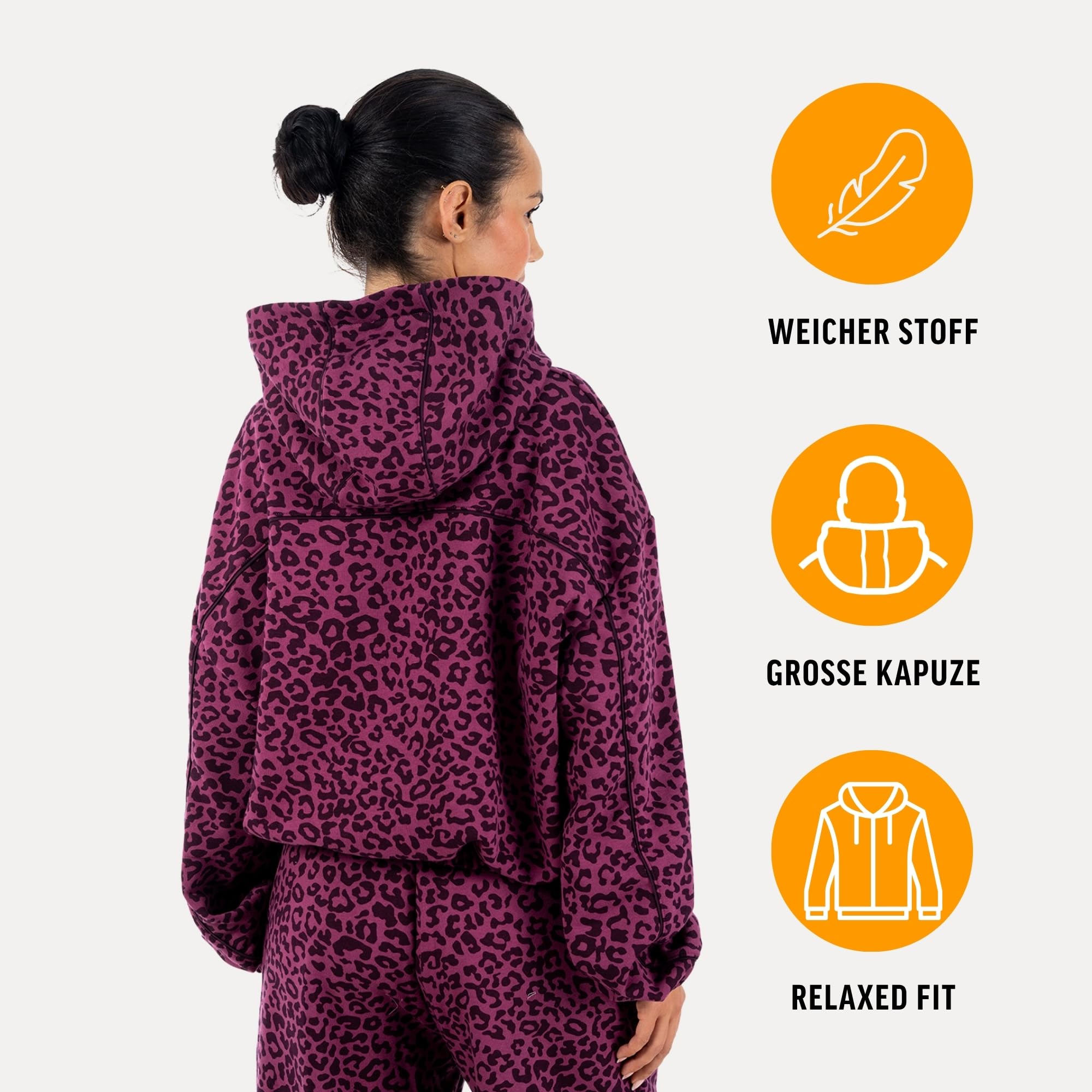 SMILODOX Hoodie Damen Siara, Relaxed Fit Swaeter, Kapuzenpullover mit Leo Print Muster, Verstellbarer Kordelzug, Weiches Sweat-Material, Lässiger Look, Gym Hoodie, Freizeit, Alltag