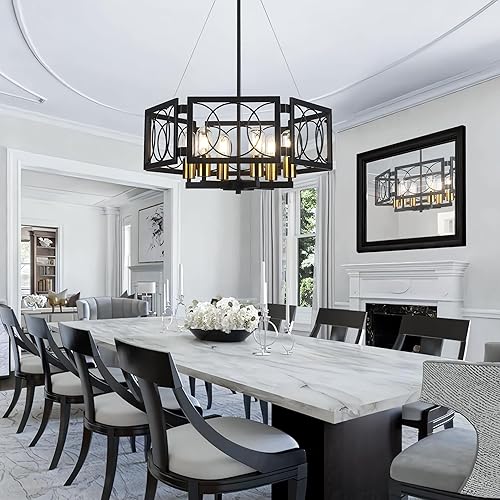 Miniatura 6 de Candelabro moderno de 22.8 pulgadas, lámpara colgante de color negro y dorado, 6 luces, grandes candelabros industriales de metal para comedor, sala