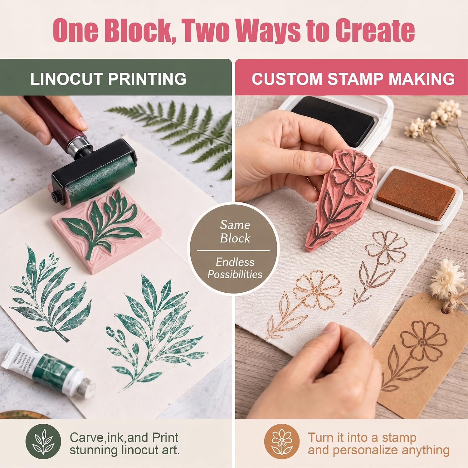 Linoleum Rubber Linocut Blocks 6-Pack 8x12in Printmaking Stamp Carving Premium printmaking Supplies: 6-Pack Soft 8x12in Pink Rubber Linoleum Blocks. Easy Carve Block Printing, Stamp Carving