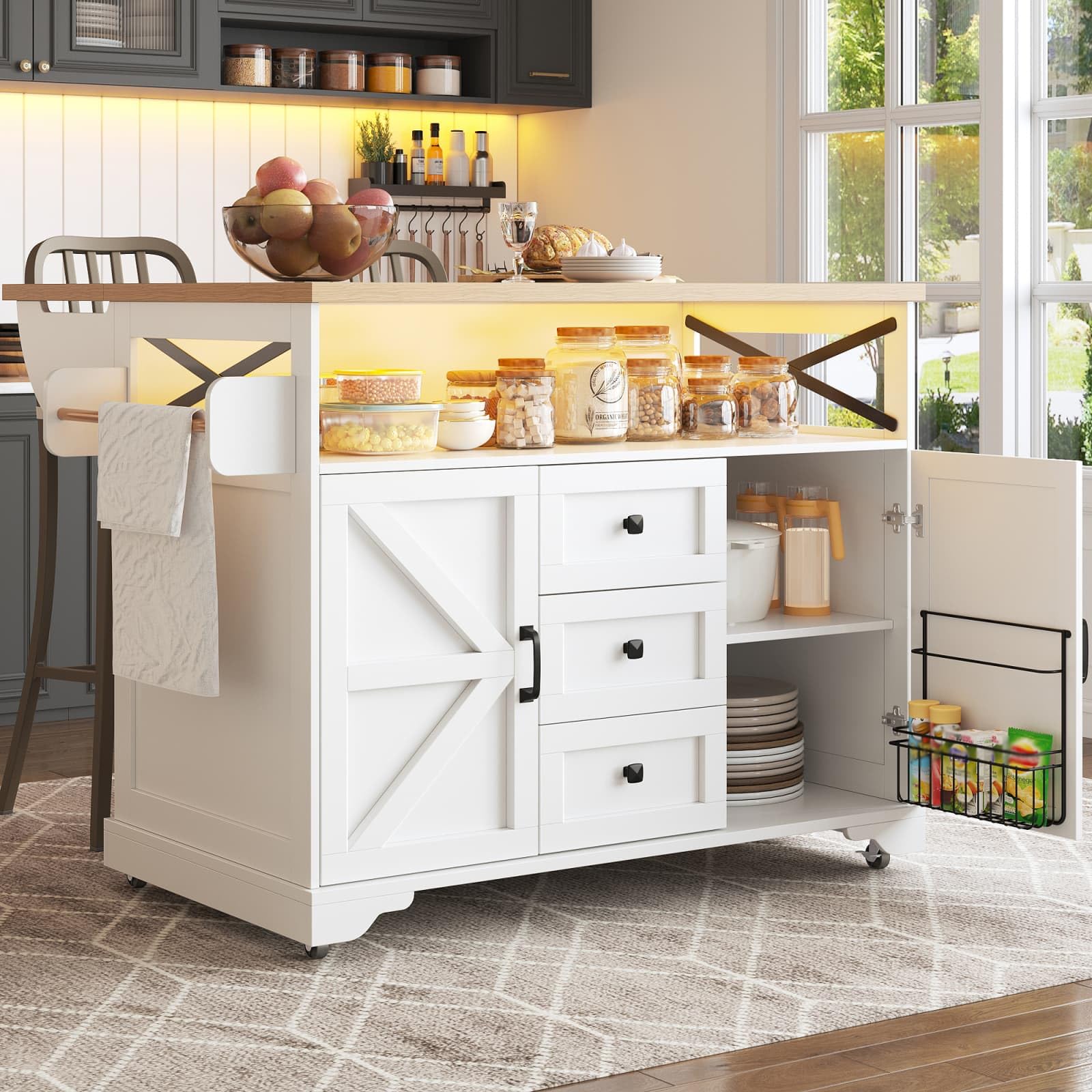 KOMHTOM Îlot de Cuisine Multifonctionnel 102 x 45 x 92 cm, Armoire de Cuisine avec 2 Tiroirs, 2 Portes, Porte-Serviettes Latéral, Porte-Bouteilles et Séparateurs Réglables (Blanc-J)