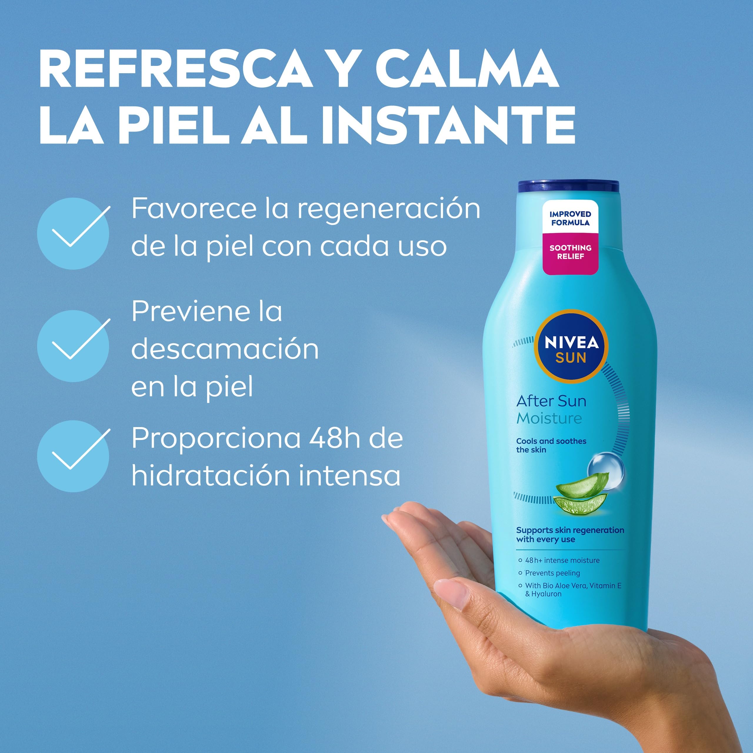 NIVEA SUN After Sun Loción Corporal Hidratante y Calmante 48h 400 ml Aloe Vera Bio Vitamina E Ácido Hialurónico