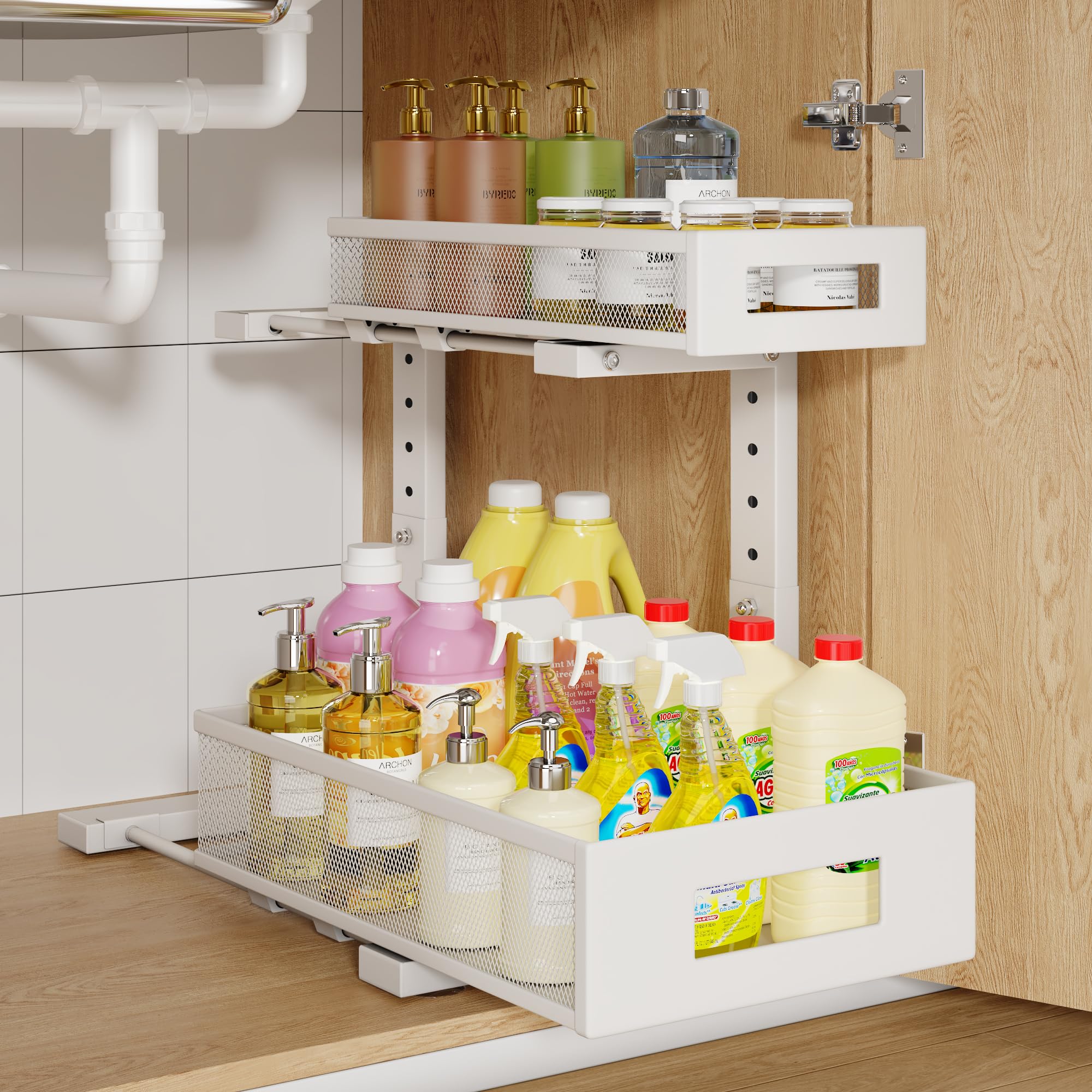 Photo 1 of 1 Pack-11.4"-16.14"H Under Sink Storage Organizer, Large 2-Tier Elegant Mesh Pull Out Shelf for Kitchen and Bathroom Cabinet Organization, L-Shaped and Adjustable Height Design for Maximum Space-White