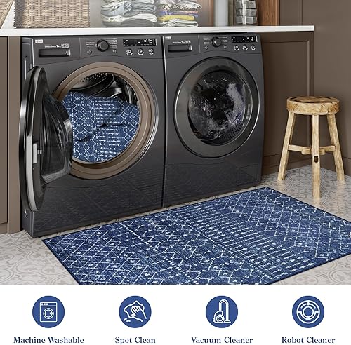 Miniatura 6 de Beevia - Alfombras de cocina, 2 x 3 pies, pequeñas alfombras azules antideslizantes para entrada, alfombra de pasillo de rayas geométricas, lavable