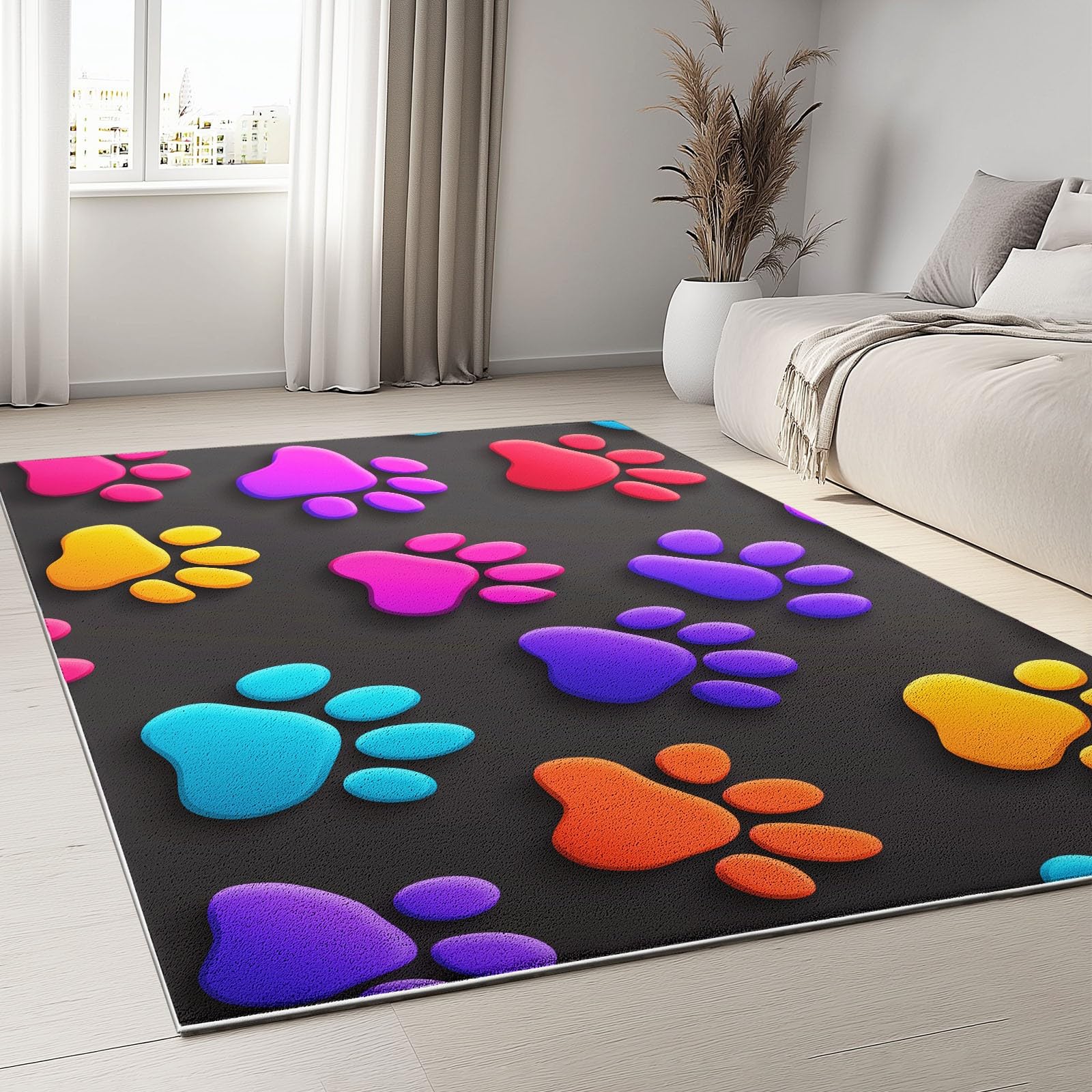 Teppich Wohnzimmer 120x180cm Bunte H Epfotenabdrücke Waschbarer Kurzflor Teppiche, rutschfest 3D-Druckdesign, Pflegeleicht – Für Flur, Schlafzimmer & Esszimmer