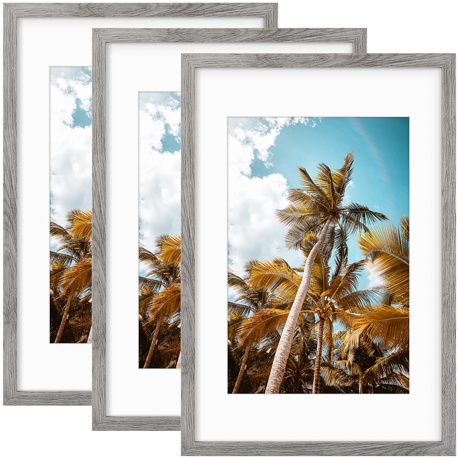 Frametory 3 Pack 16x24 Grey Picture Frame with Real Glass Mat for 12x18