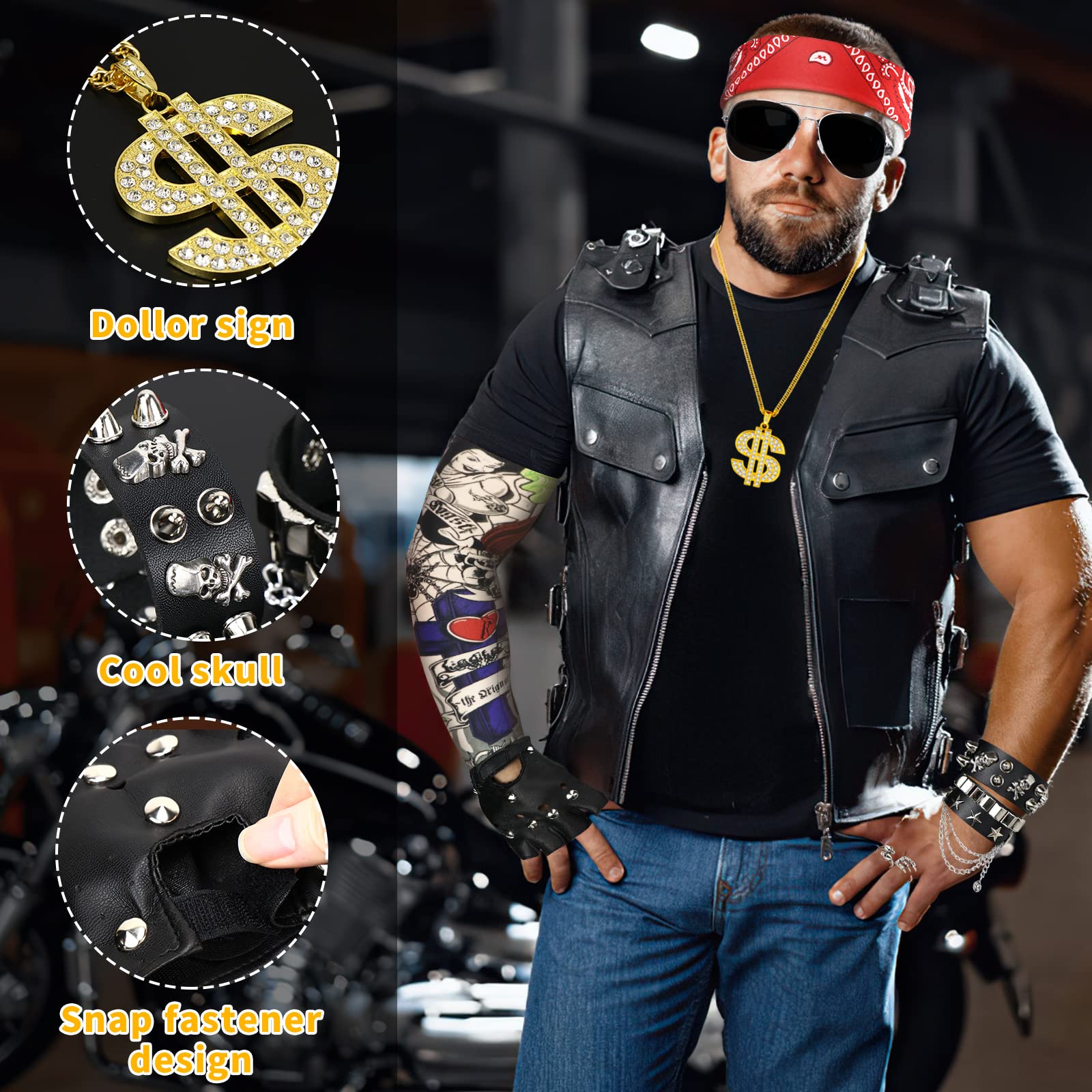 Hysagtek 11 szt. Rocker Fantazyjna sukienka akcesoria dla dorosłych mężczyźni kobiety punk rock kostium gwiazdy rocka zestaw metalowy kostium rockowy 70s 80s 90s na imprezę karnawał artykuły
