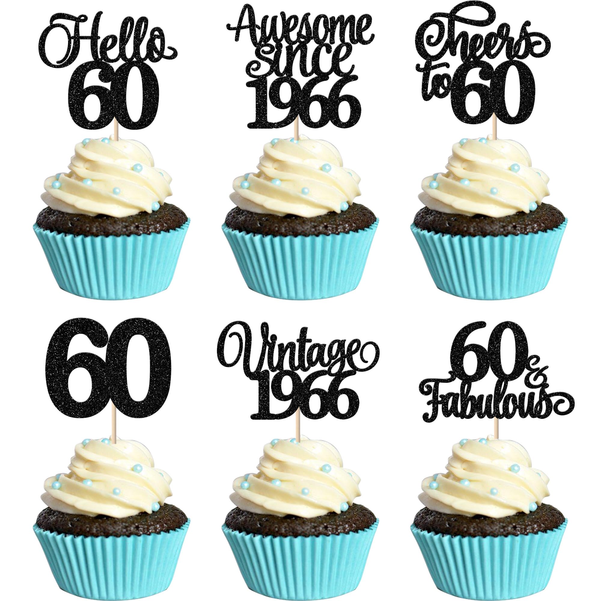 Xsstarmi 24 Pack Vintage 1966 Cupcake Toppers Glitter Black Hello 60 Fabulous Cupcake Picks Cheers to 60 Years Birthday Cake Decorations for Happy 60th Birthday Anniversary Party Supplies — image 1