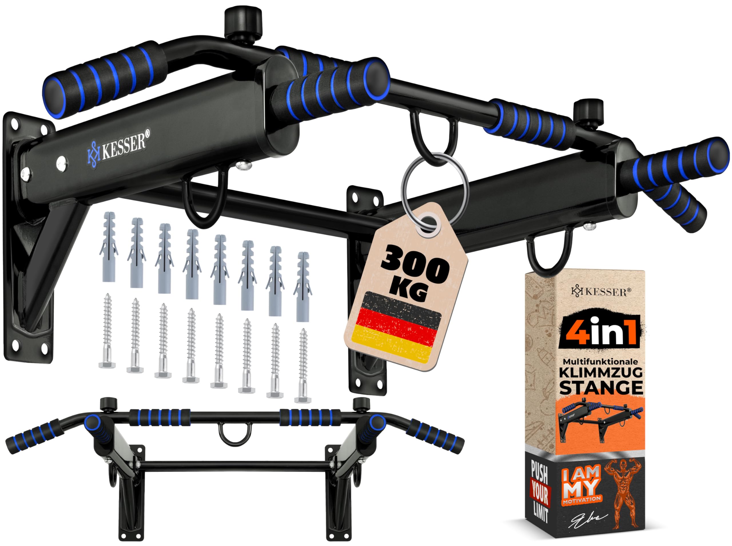 KESSER® Barra per trazioni 4 in 1 per Montaggio a Parete, Maniglie Antiscivolo, Funzione aggiuntiva per Corde, Anelli e Sacchi da Boxe | Barra per trazioni per la casa