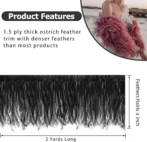 Miniatura 18 de Ribbón de plumas de avestruz rojo, 1.5 capas, 2 yardas de 4 a 5 pulgadas, cintas con flecos, para costura, vestido, proyectos de manualidades