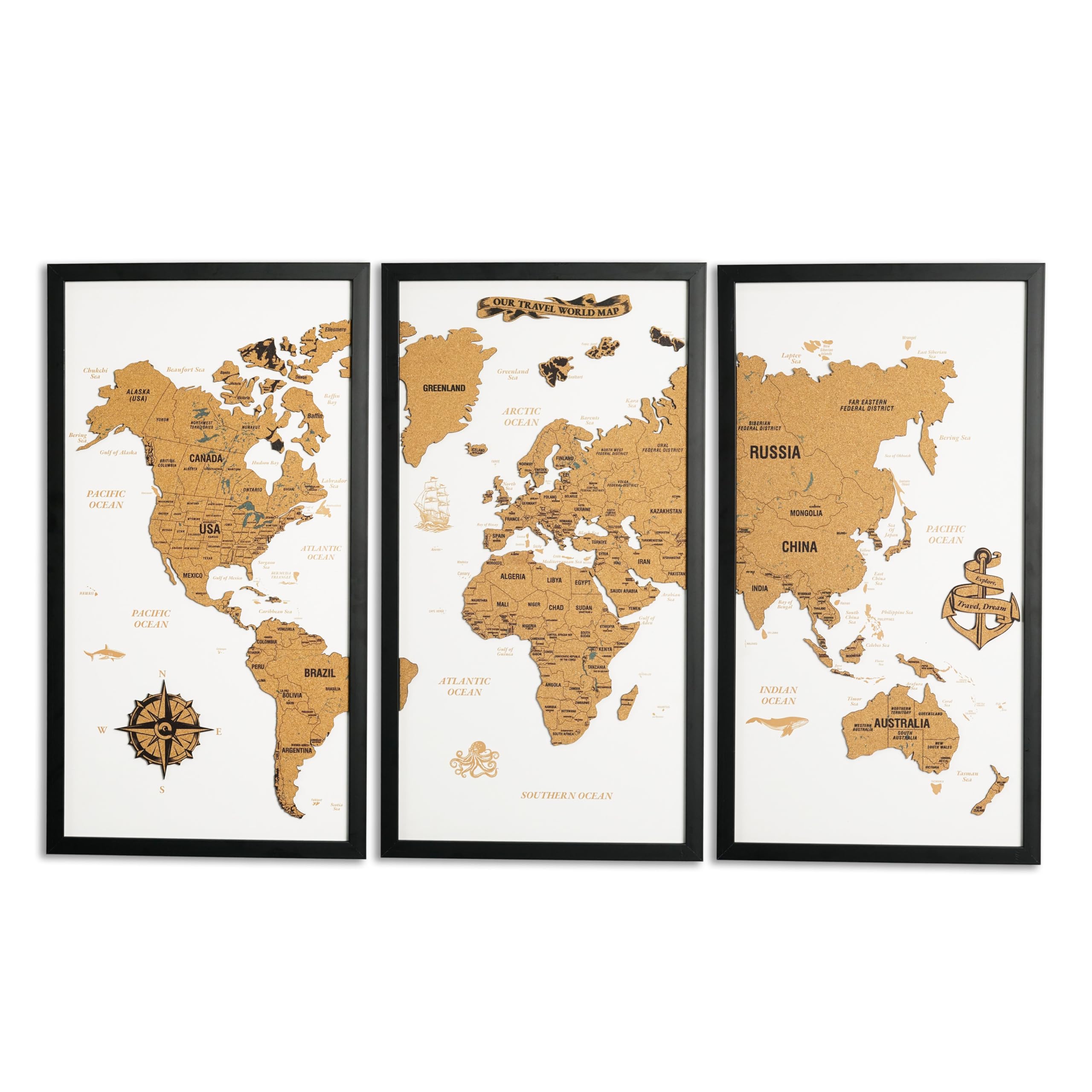Colorfull Worlds Oprawiona biała mapa świata z korka, sztuka ścienna, 111 x 72 cm, 3-częściowy design, mapa geograficzna, sztuka ścienna, do biura, tablica z przypinkami