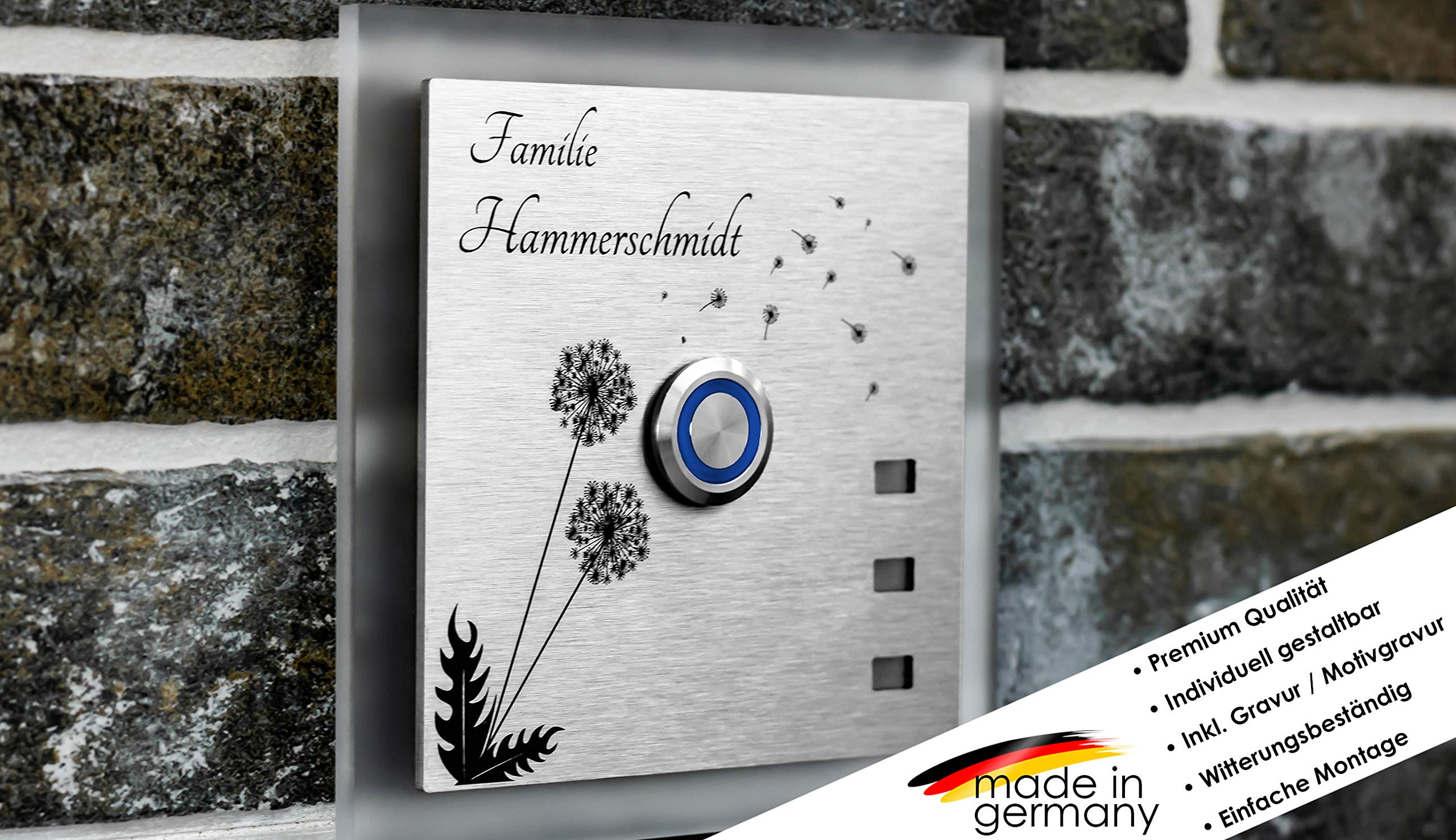 Beleuchtete Edelstahl Türklingeln mit Gravur und über 100 Motive | Gravierte Klingelplatte mit Led-Beleuchtung Größe: 12x12 cm Klingel-Taster Klingelschild Namen Modell: Hammerschmidt-L