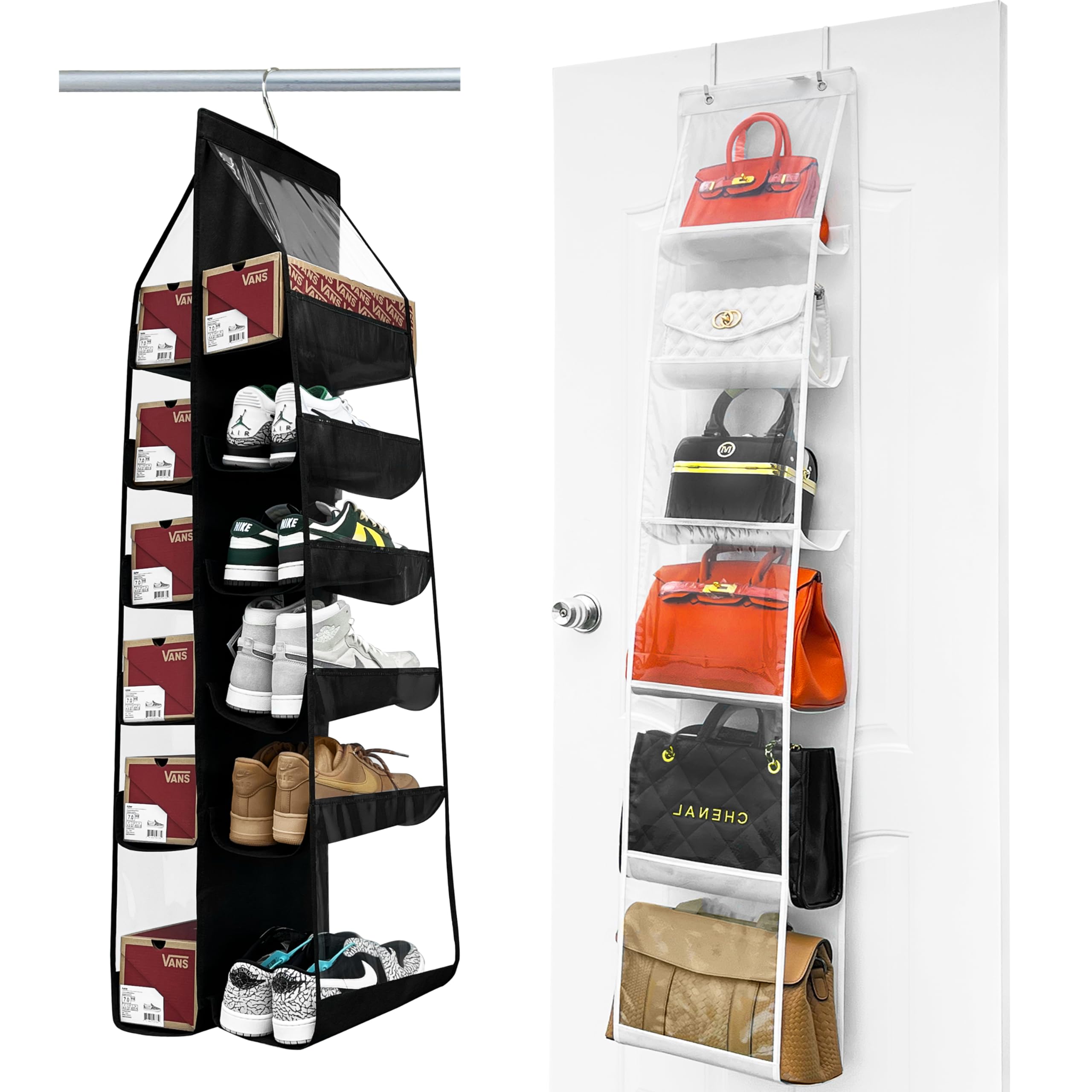 zebricolo 12 large pocket hanging shoe rack-1 pack-black,and 6 large pocket over the door purse organizes-2 pack-white.Thicken Metal Hooks.